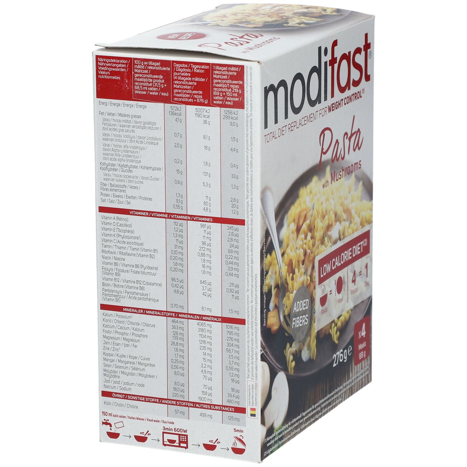 Zijaanzicht van de Modifast Pasta Champignons verpakking. Bevat voedingsinformatie en bereidingsinstructies. Opschrift: Total Diet Replacement for Weight Control.