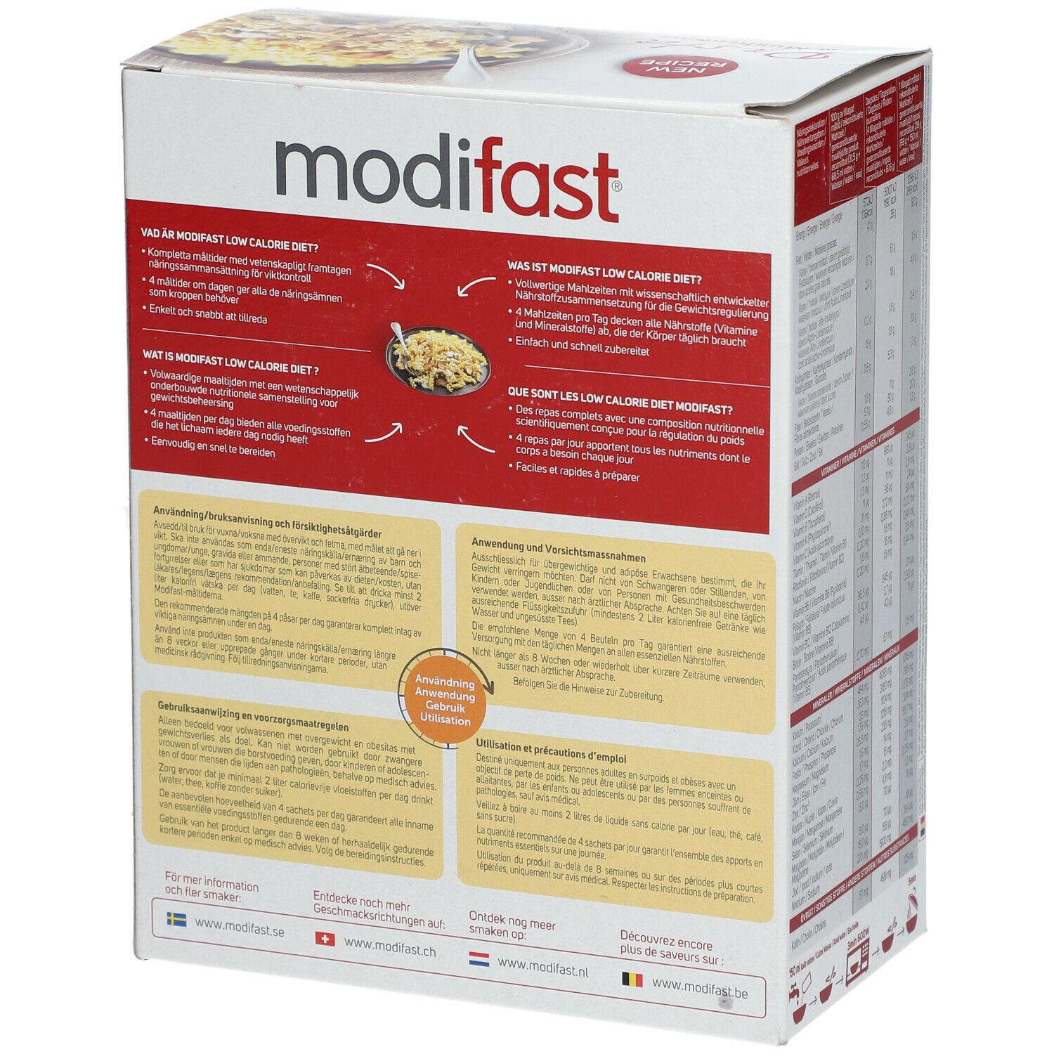 Achterkant van de Modifast Pasta Champignons verpakking. Bevat informatie over Low Calorie Diet. Meertalige teksten en bereidingsinstructies.