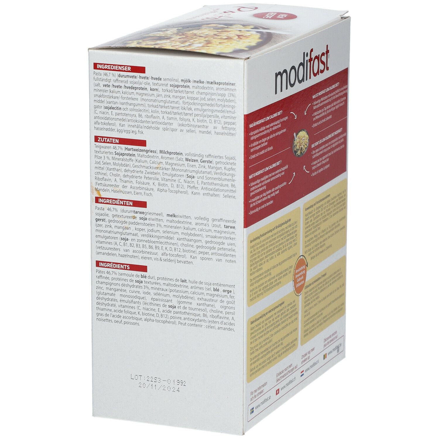 Zijkant van de Modifast Pasta Champignons verpakking. Bevat ingrediëntenlijsten in verschillende talen. Opschrift: Total Diet Replacement for Weight Control.