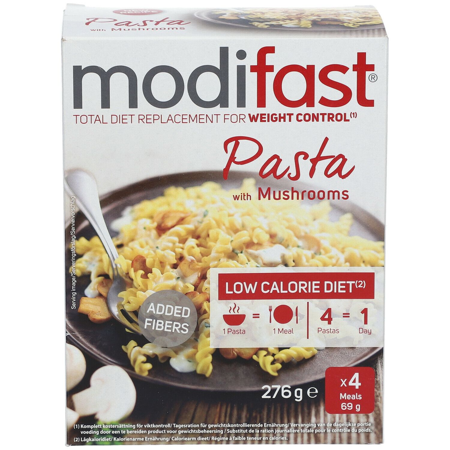 Modifast Pasta Champignons verpakking. Bevat pasta met champignons. Opschrift: Total Diet Replacement for Weight Control. 276g, 4 maaltijden.