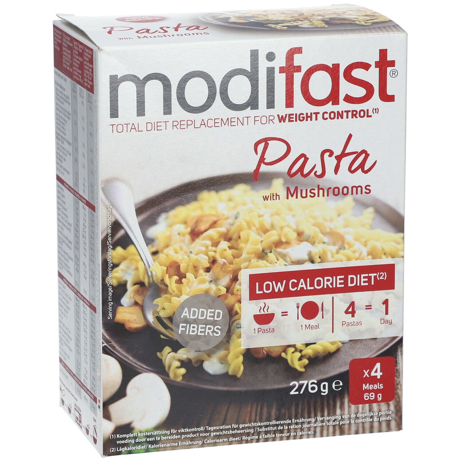 Modifast Pasta Champignons verpakking. Bevat pasta met champignons. Opschrift: Total Diet Replacement for Weight Control. 276g, 4 maaltijden.