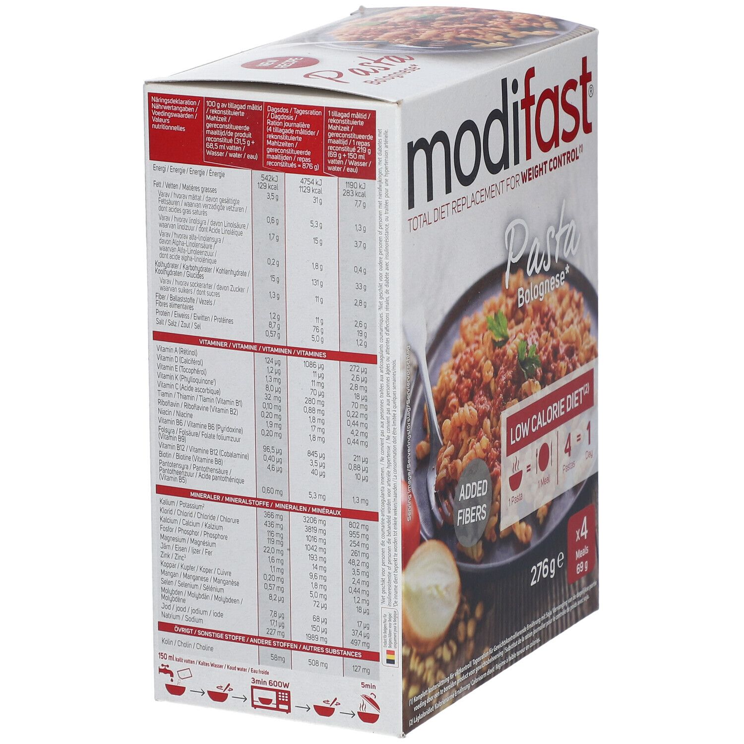 Vue latérale de la boîte Modifast Pasta Bolognese. Contient des informations nutritionnelles et des instructions.
