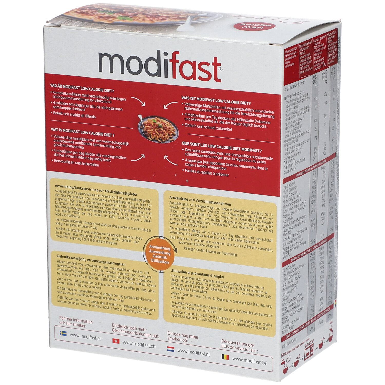 Dos de la boîte Modifast Pasta Bolognese. Contient des informations sur le régime hypocalorique et l'utilisation.