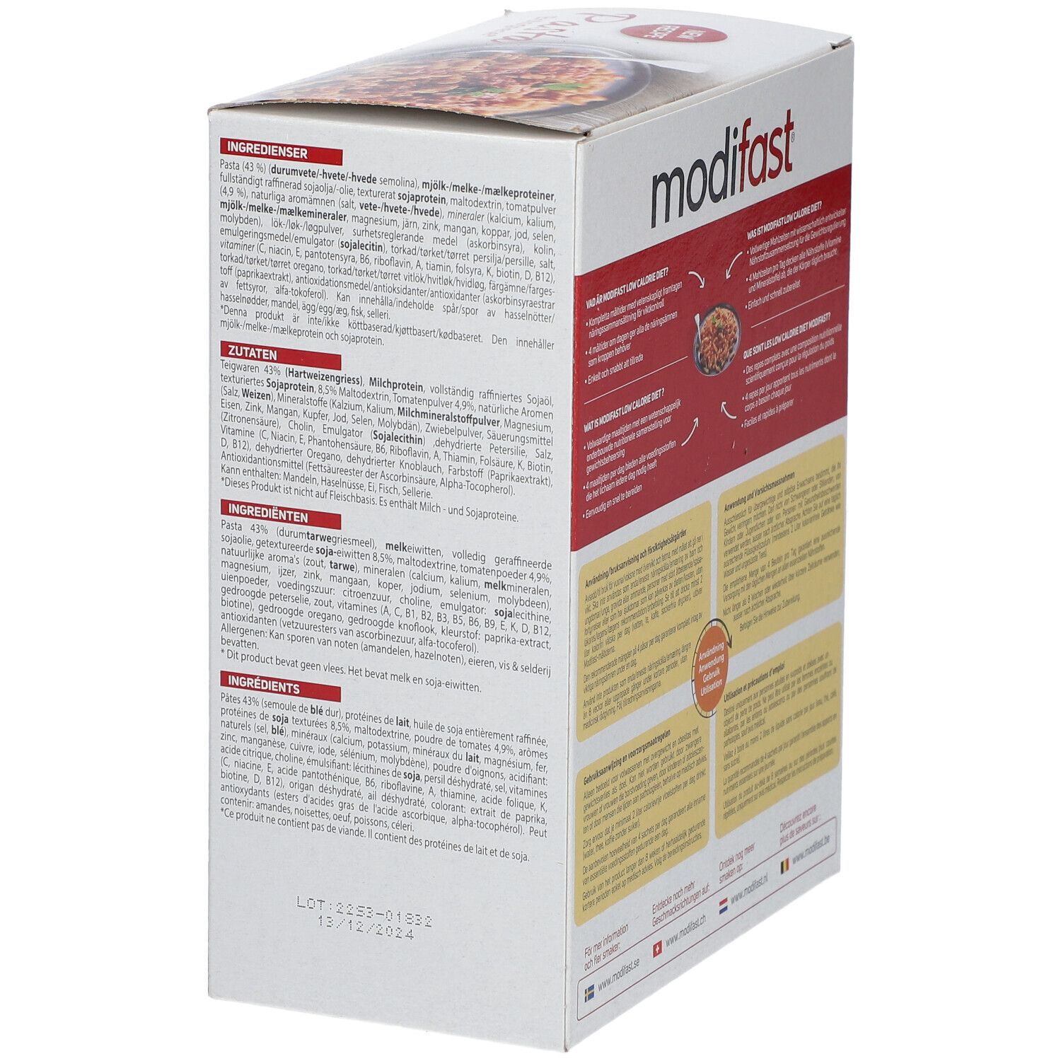 Vue latérale de la boîte Modifast Pasta Bolognese. Contient la liste des ingrédients et les informations nutritionnelles.