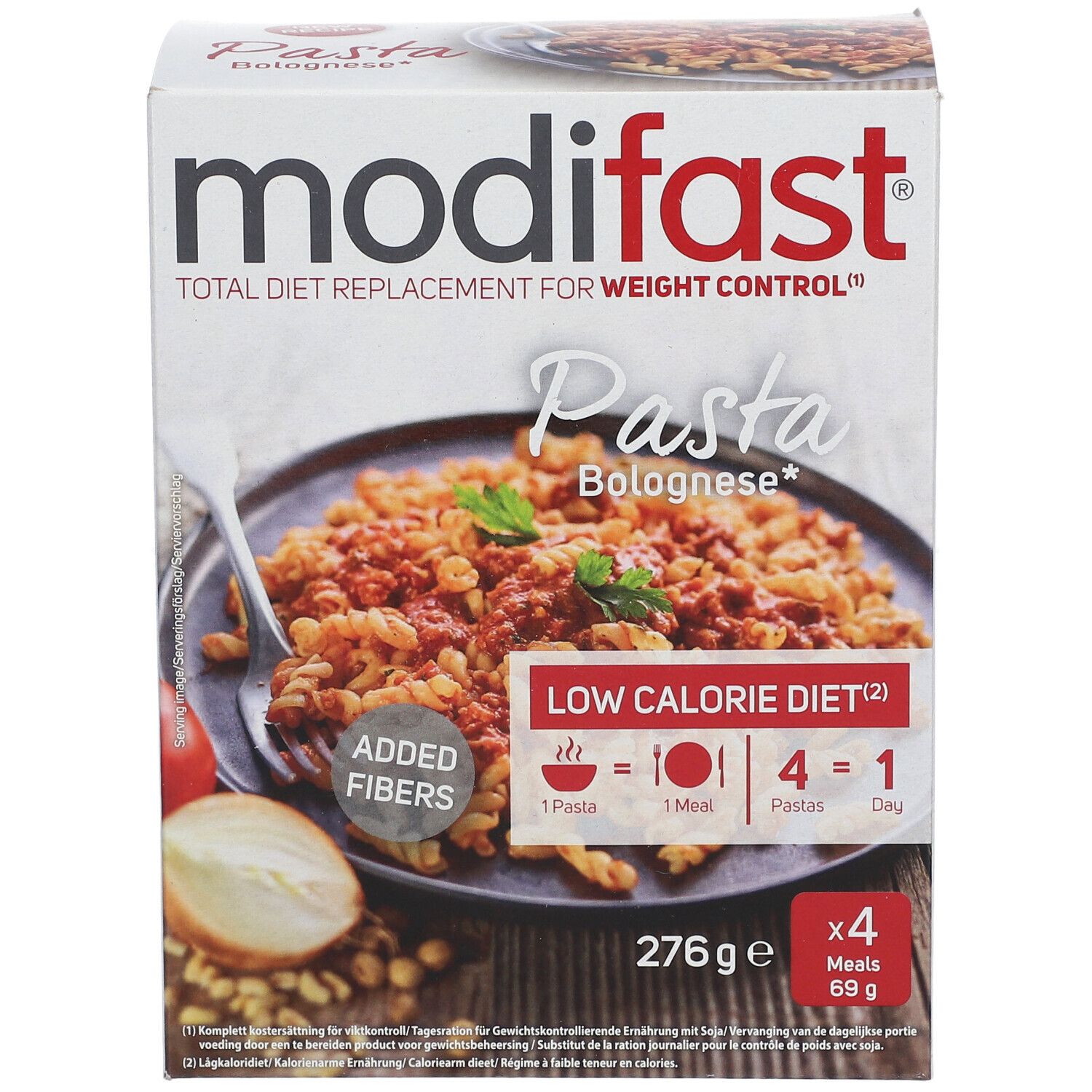 Boîte Modifast Pasta Bolognese. Contient 4 repas. Inscription : Low Calorie Diet, 276g, Added Fibers.