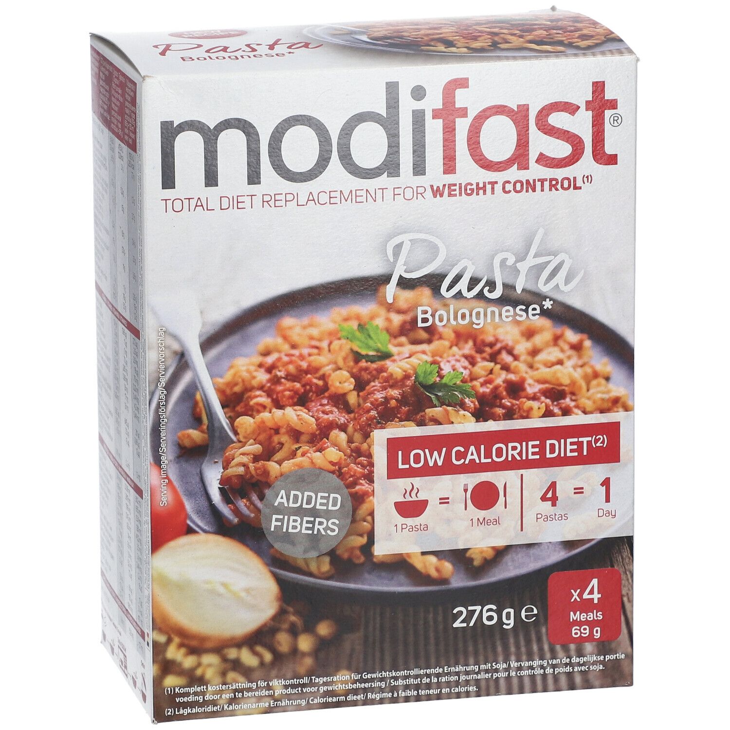 Boîte Modifast Pasta Bolognese. Contient 4 repas. Inscription : Low Calorie Diet, 276g, Added Fibers.