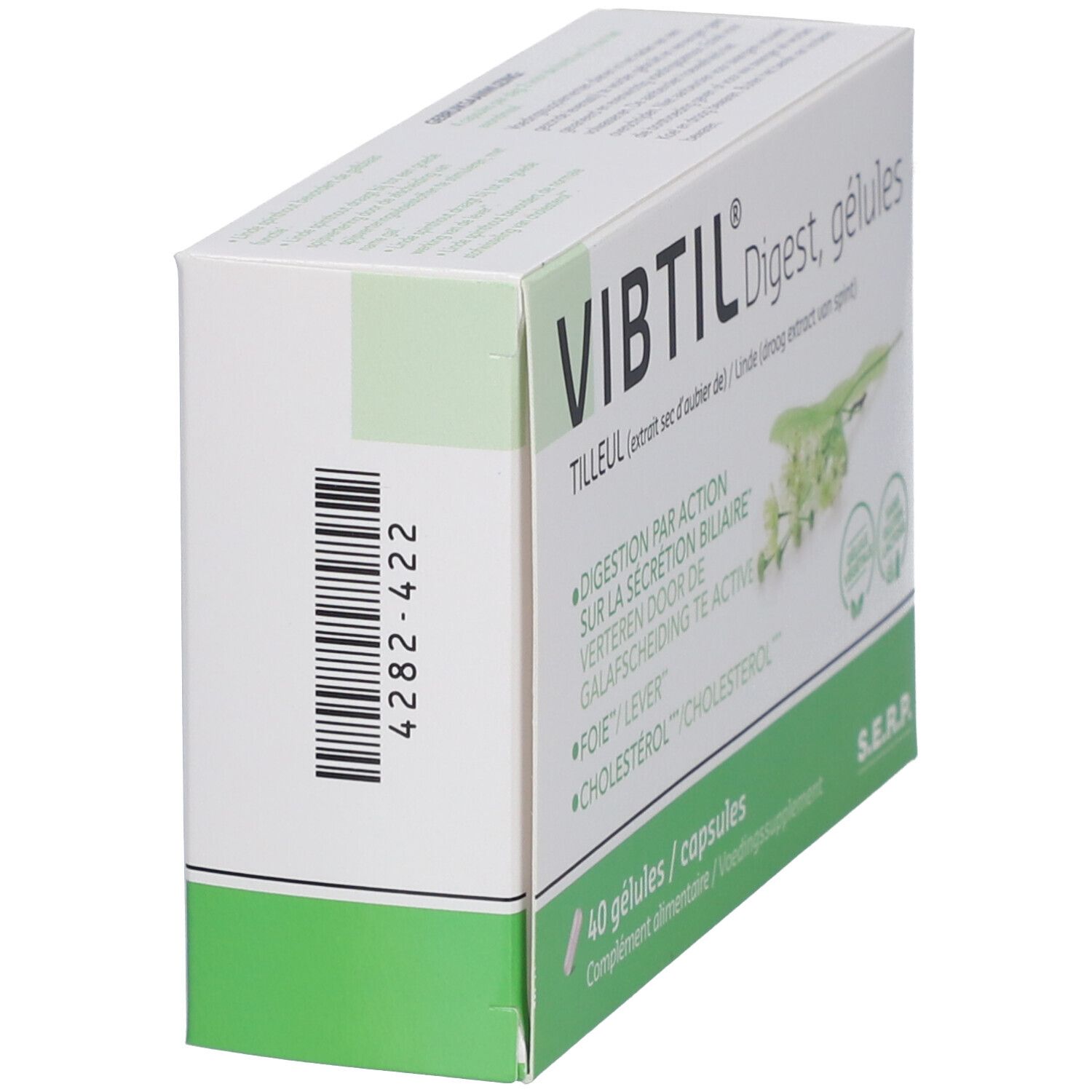 Schuine weergave van de VIBTIL® Digest-verpakking. Witte doos met groene accenten en productinformatie. Streepjescode op de zijkant.