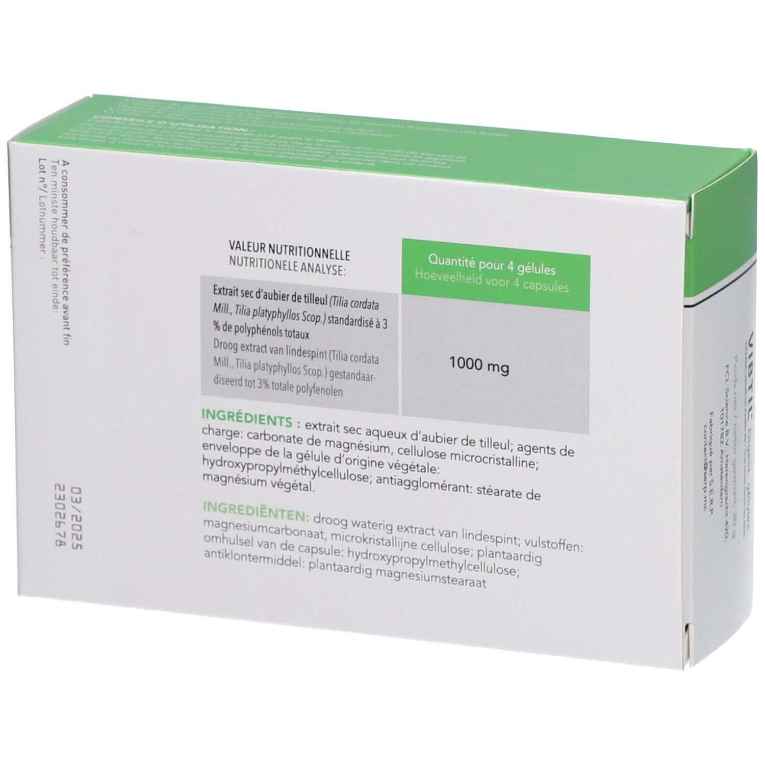 Achterkant van de VIBTIL® Digest-verpakking. Bevat voedingsanalyse en ingrediëntenlijst. Witte doos met groene accenten.