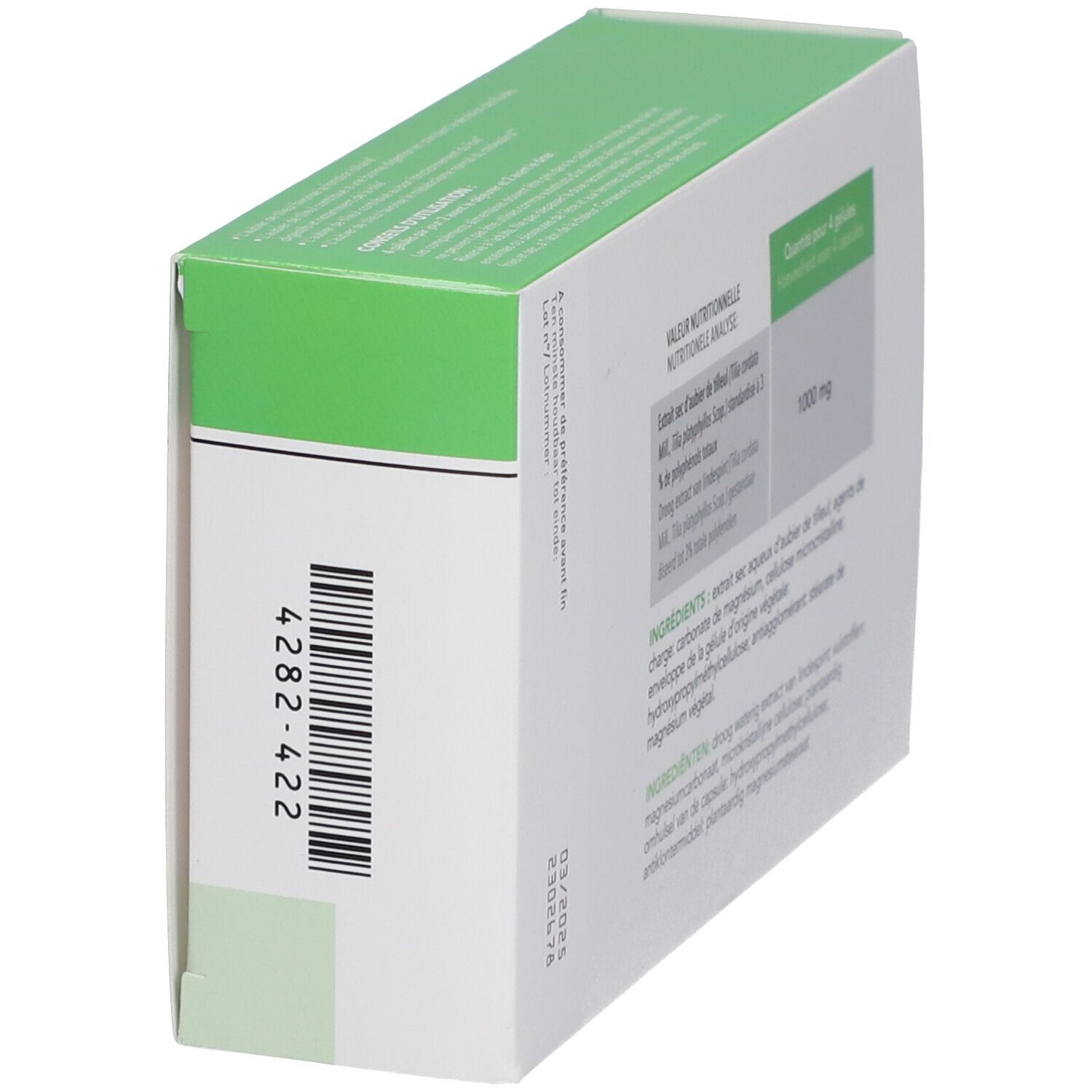 Schuine weergave van de VIBTIL® Digest-verpakking. Achterkant met voedingsinformatie en ingrediënten. Witte doos met groene accenten.