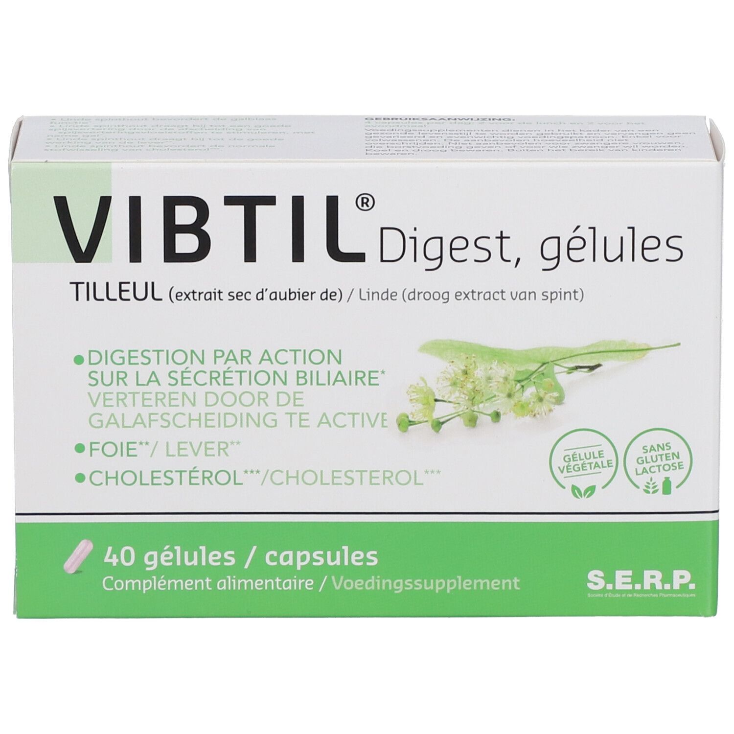 Verpakking VIBTIL® Digest, gélules. Opschrift: 40 gélules/capsules. Groen-witte verpakking met productinformatie en logo.