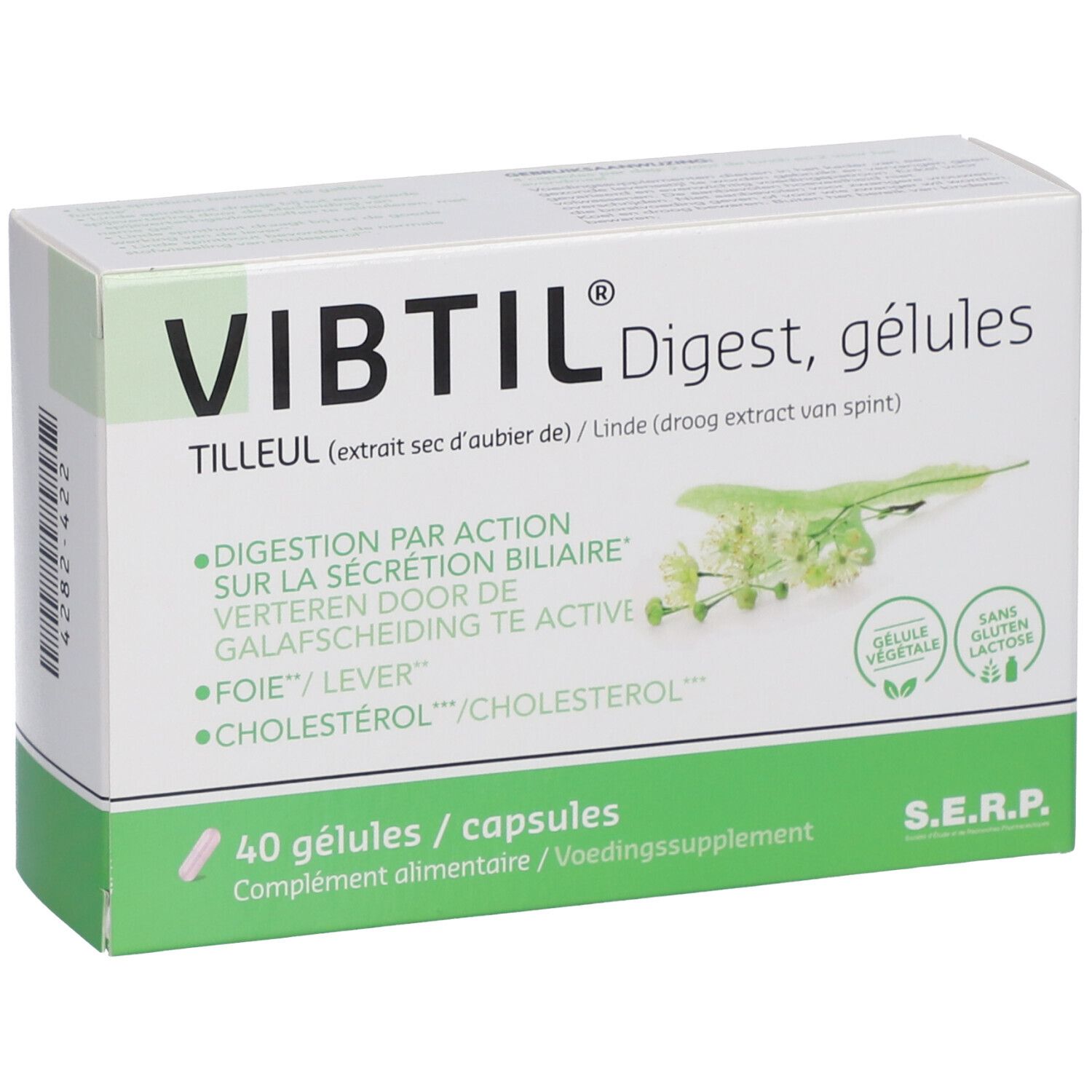 Verpakking VIBTIL® Digest, gélules. Opschrift: 40 gélules/capsules. Groen-witte verpakking met productinformatie en logo.