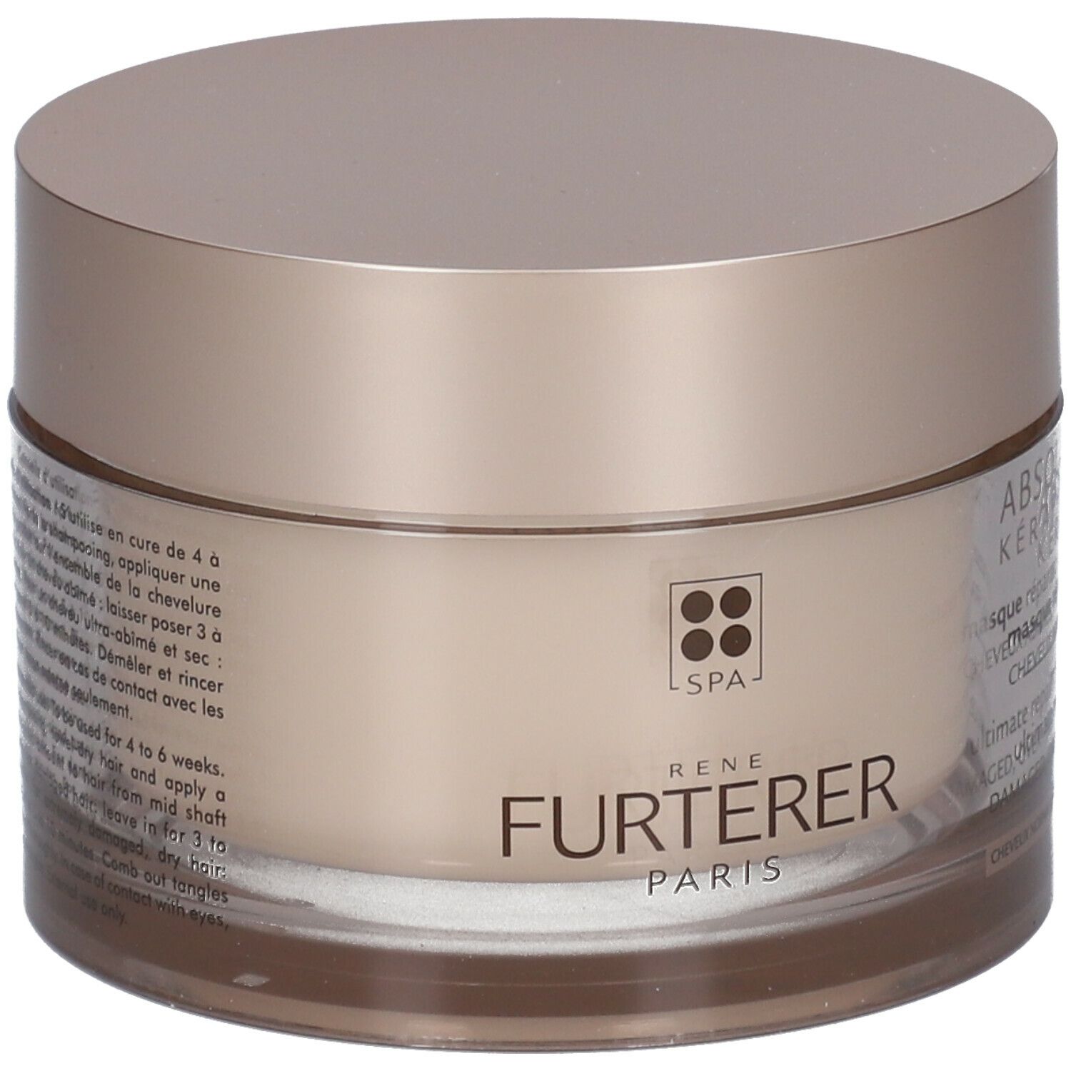 Beige pot met deksel. Opschrift: RENE FURTERER PARIS, ABSOLUE KERATINE, masque réparateur ultime.
