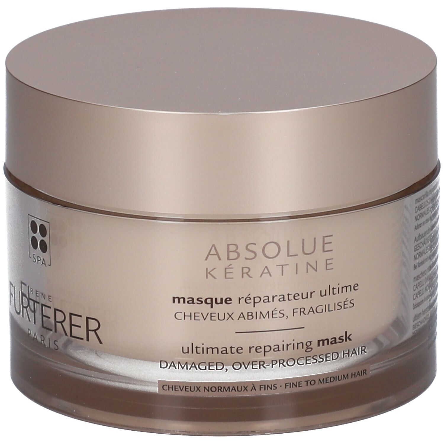 Beige pot met deksel. Opschrift: RENE FURTERER PARIS, ABSOLUE KERATINE, masque réparateur ultime.