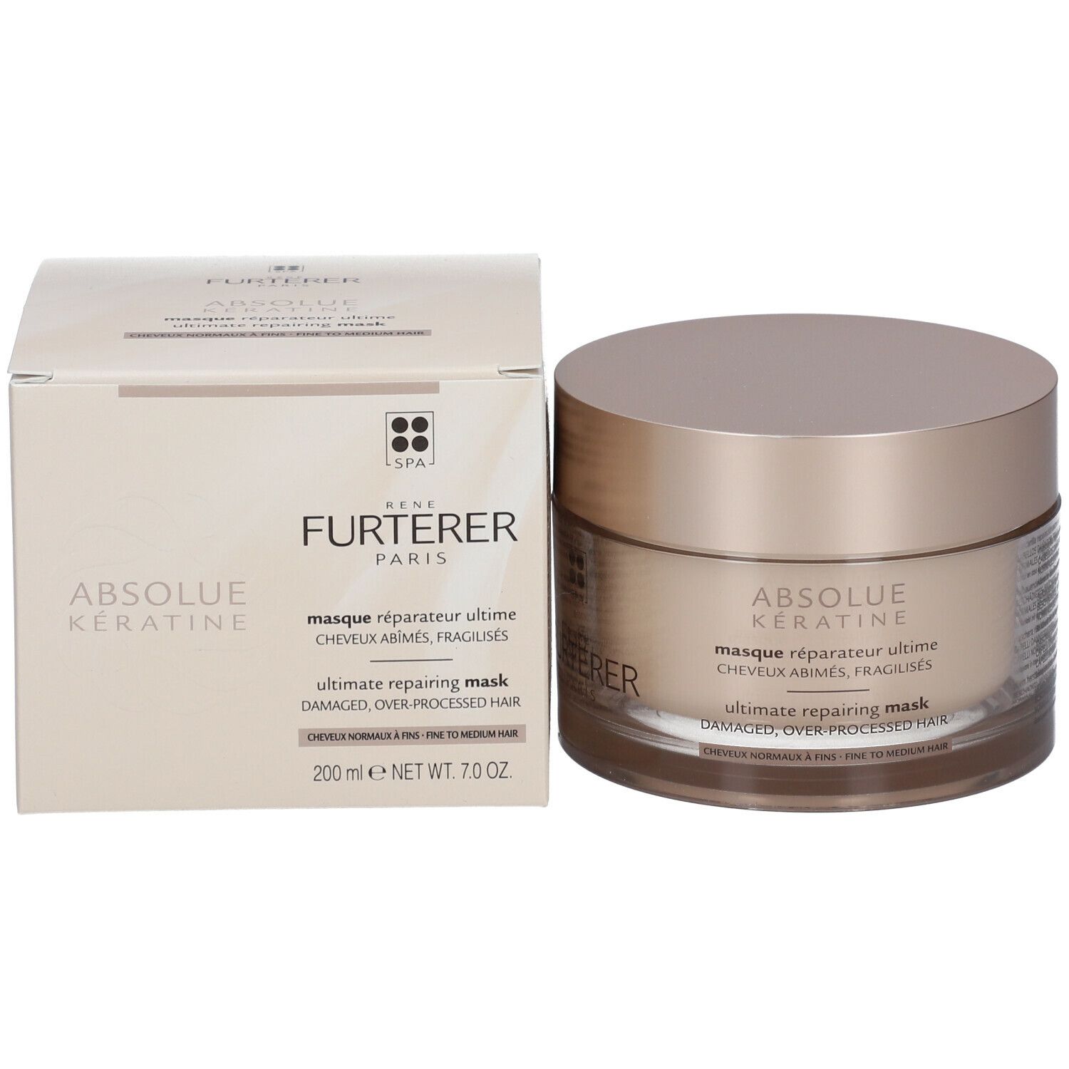 Productverpakking en pot. Opschrift: ABSOLUE KERATINE, masque réparateur ultime, ultimate repairing mask.