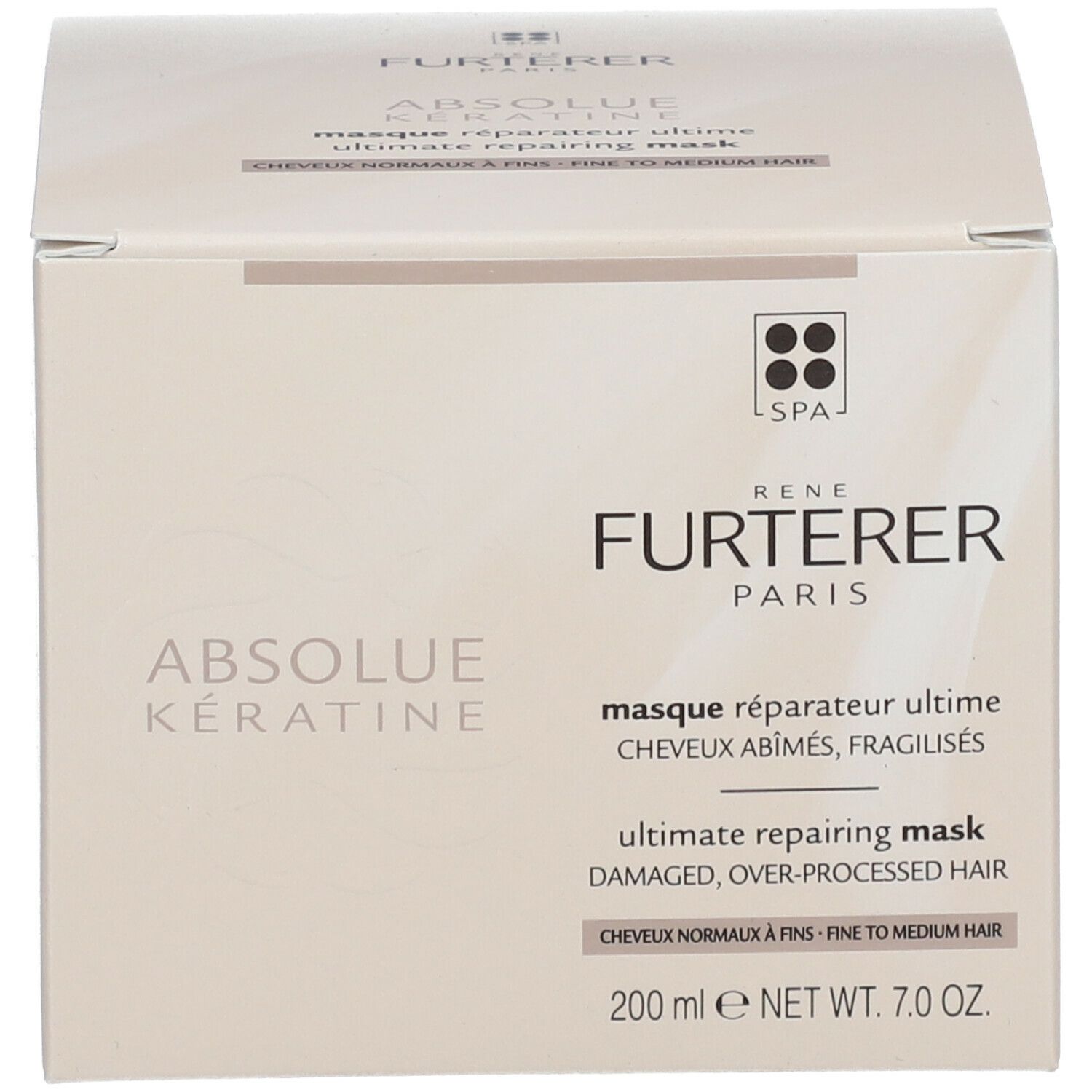 Productverpakking. Opschrift: ABSOLUE KERATINE, masque réparateur ultime, ultimate repairing mask. 200 ml.