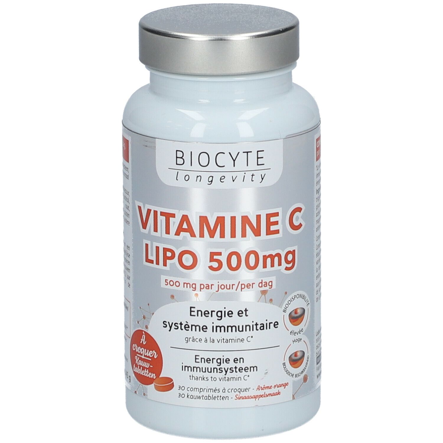 Flacon blanc, bouchon argenté. Inscription: BIOCYTE, VITAMINE C LIPO 500mg. 30 comprimés. Comprimé orange.