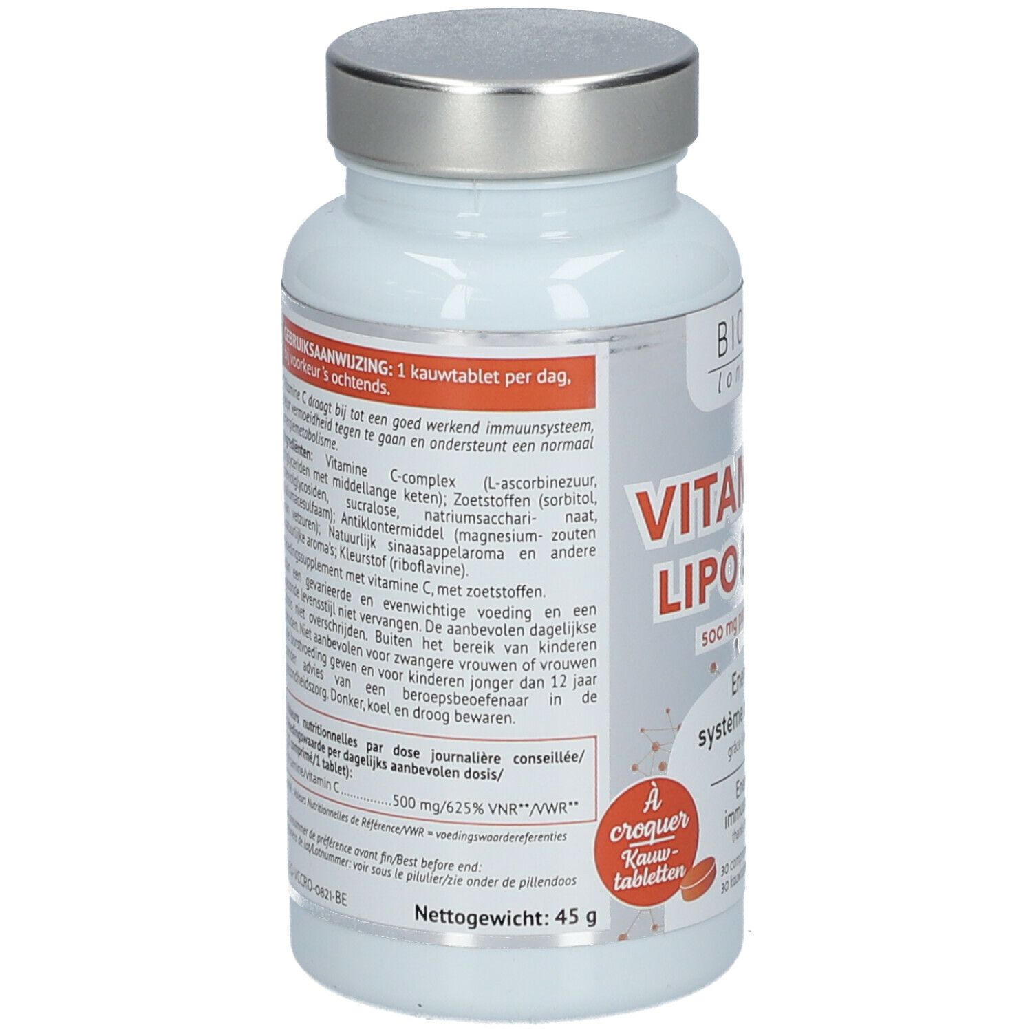 Dos du flacon blanc. Texte: VITAMINE C LIPO 500mg. Ingrédients et mode d'emploi. Poids net: 45 g.