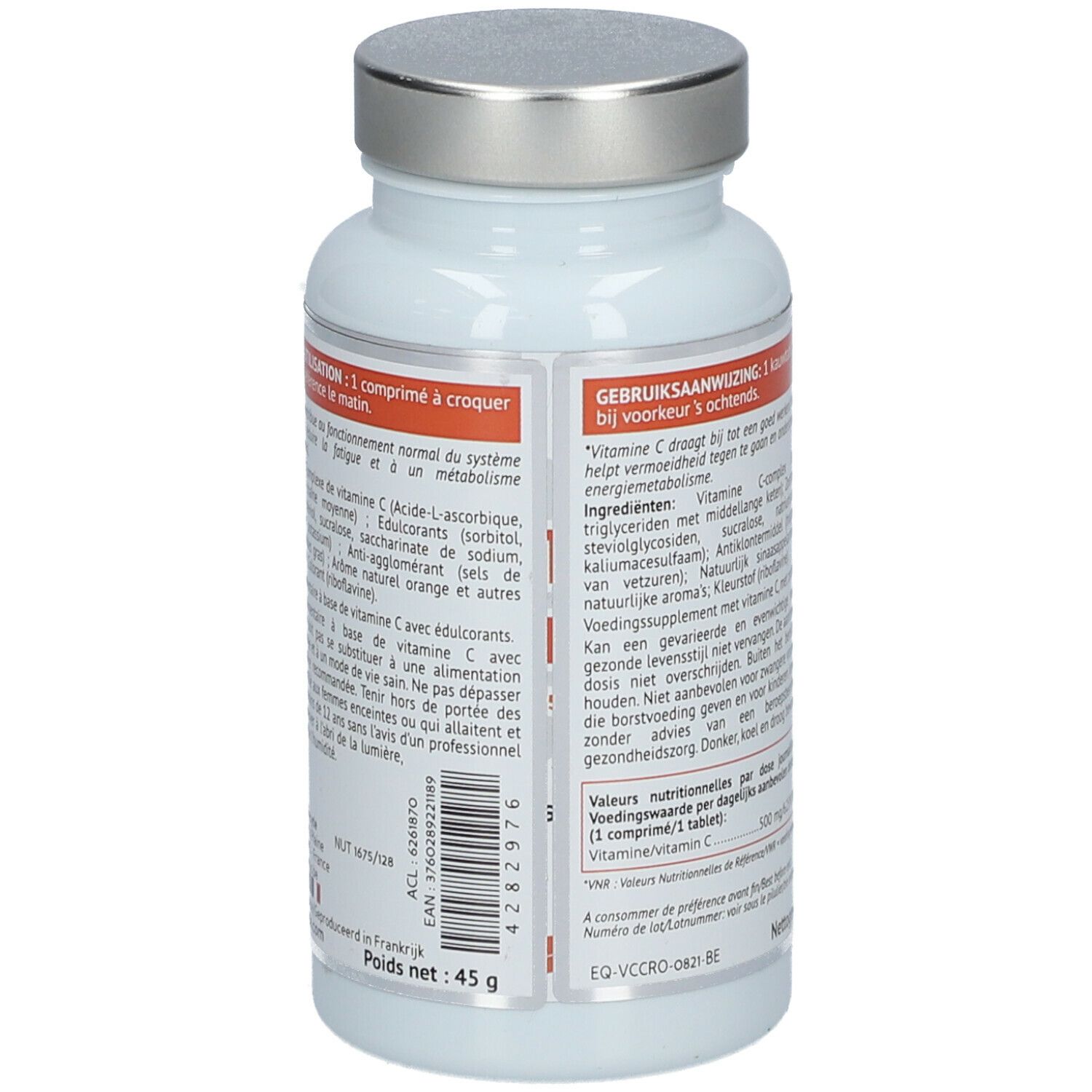 Dos du flacon blanc. Texte: VITAMINE C LIPO 500mg. Mode d'emploi et ingrédients. Poids net: 45 g.