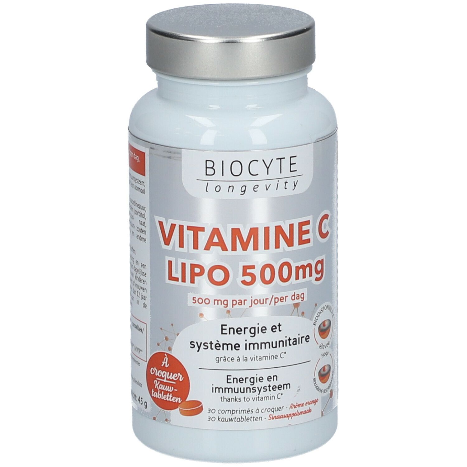 Flacon blanc, bouchon argenté. Inscription: BIOCYTE, VITAMINE C LIPO 500mg. 30 comprimés. Comprimé orange.