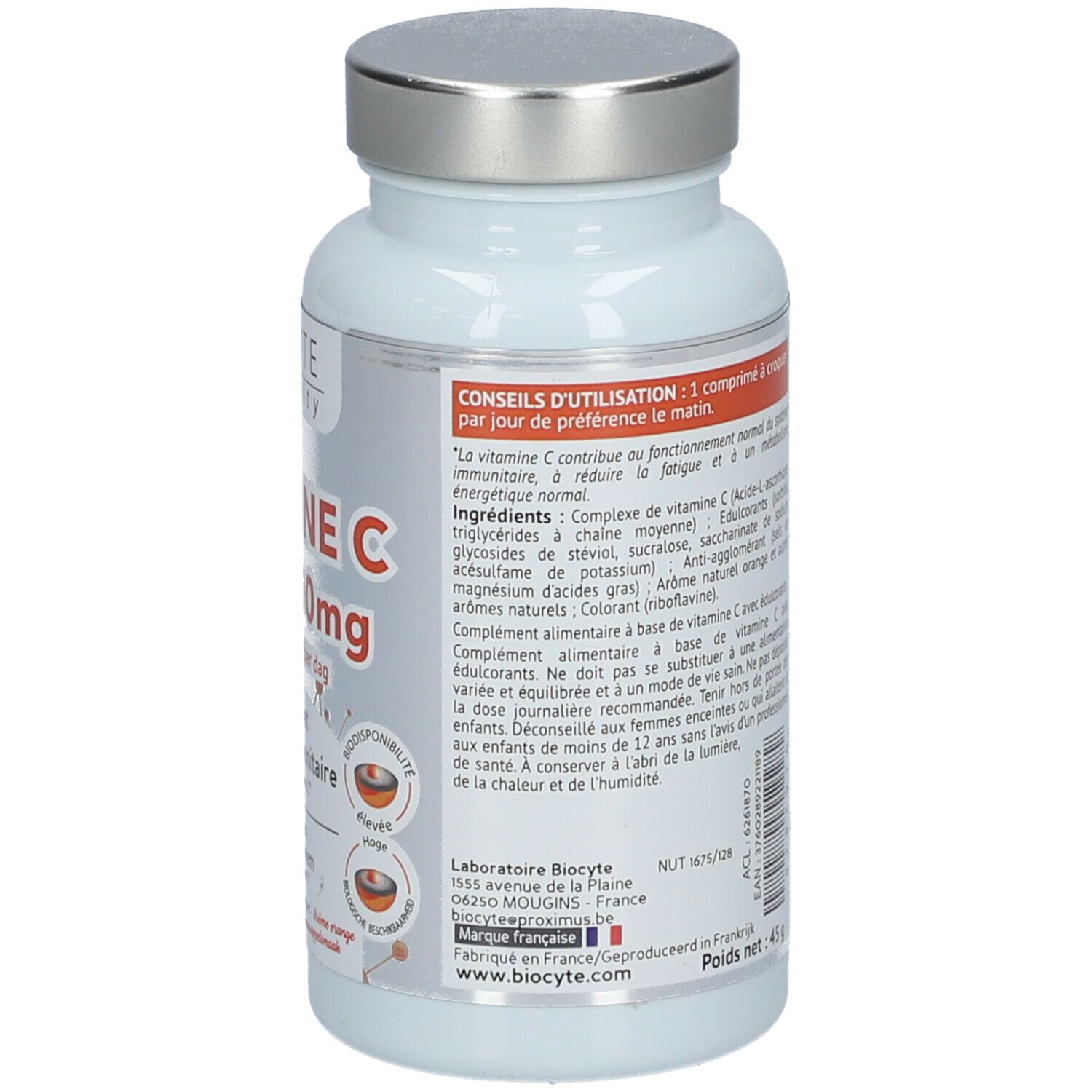 Dos du flacon blanc. Texte: VITAMINE C LIPO 500mg. Mode d'emploi et ingrédients. Poids net: 45 g.