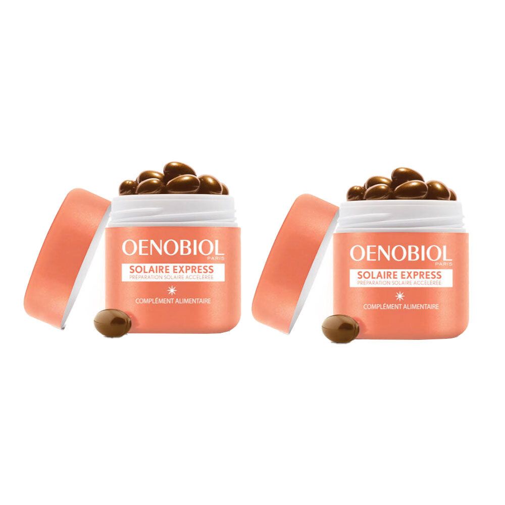 Deux pots oranges ouverts avec des gélules brunes. Le texte "OENOBIOL Solaire Express" est visible sur les pots.