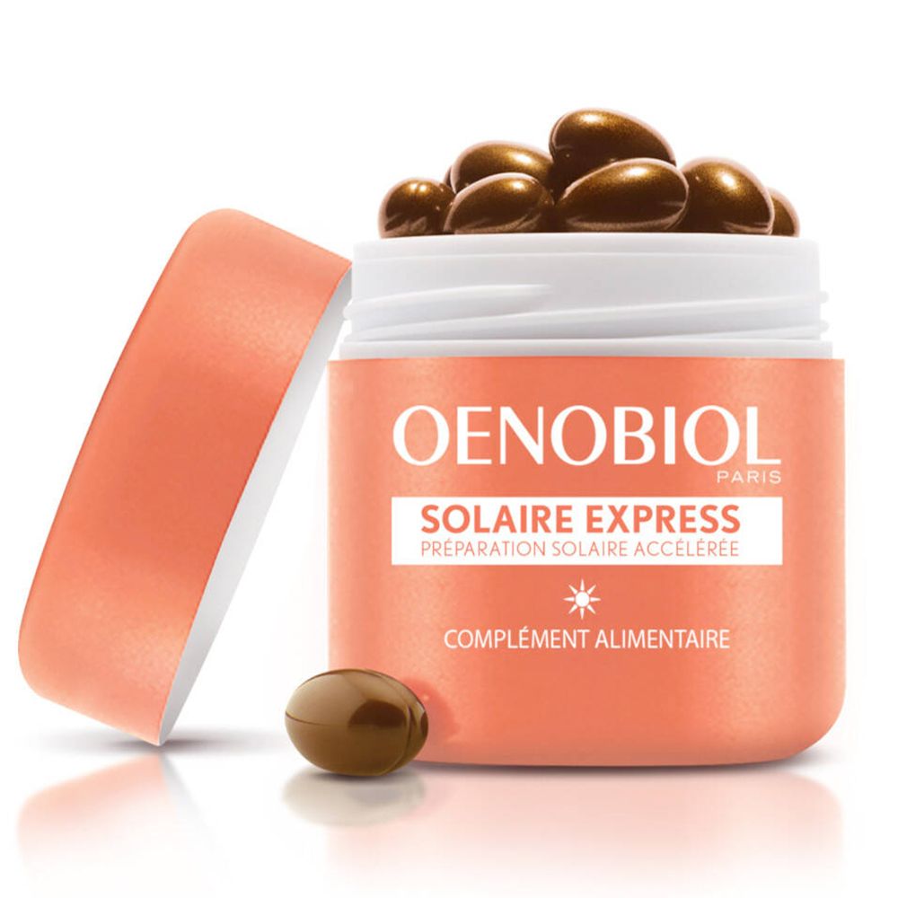 Pot OENOBIOL avec gélules. Inscription : Solaire Express, complément alimentaire. Une gélule à côté.