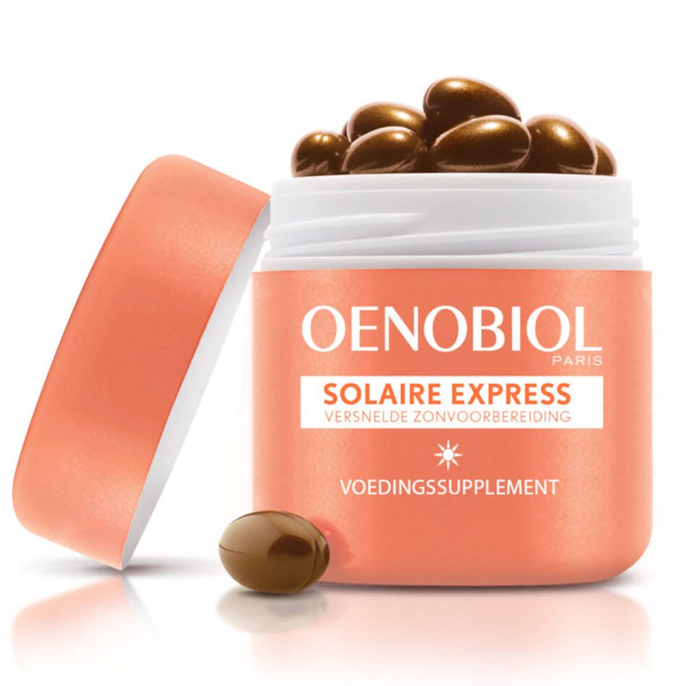 Pot OENOBIOL avec gélules. Inscription : Solaire Express, complément alimentaire. Une gélule à côté.