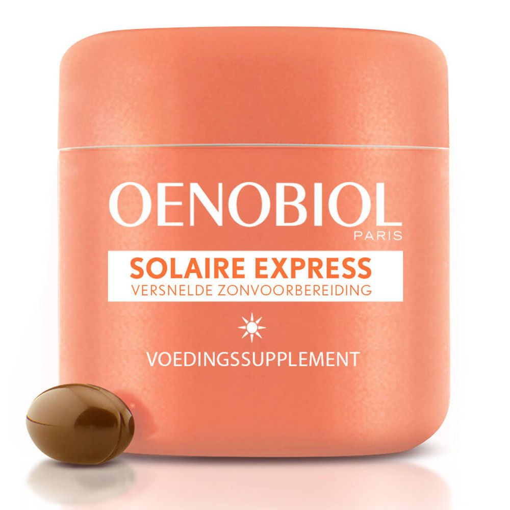 Pot OENOBIOL orange. Inscription : Solaire Express, complément alimentaire. Une gélule à côté.