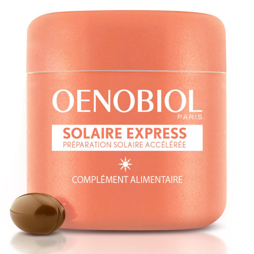 Pot OENOBIOL orange. Inscription : Solaire Express, complément alimentaire. Une gélule à côté.