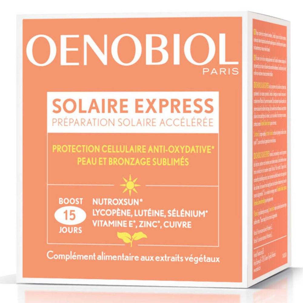 Boîte OENOBIOL orange. Inscription : Solaire Express, 15 jours. Contient des ingrédients.