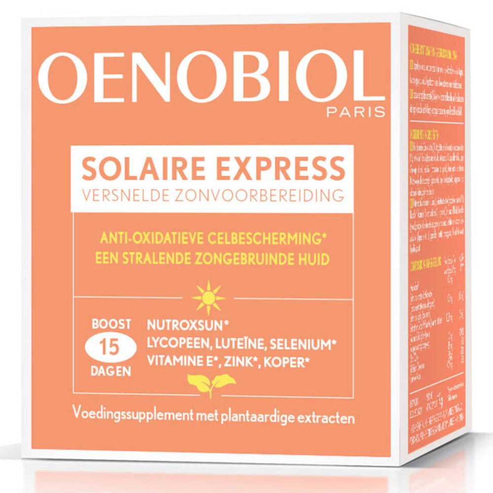 Boîte OENOBIOL orange. Inscription : Solaire Express, 15 jours. Contient des ingrédients.