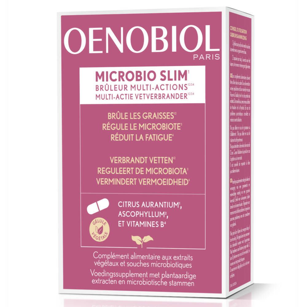 Oenobiol Microbio Slim doos. Roze-witte verpakking met productinfo en logo. Illustratie van een capsule.