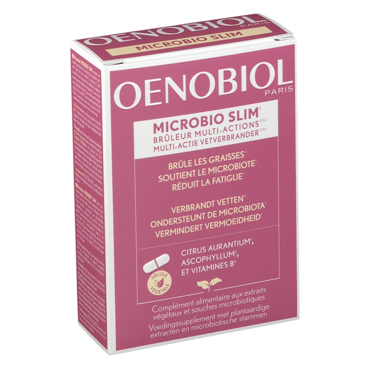 Oenobiol Microbio Slim doos. Roze-witte verpakking met productinfo en logo. Illustratie van een capsule.
