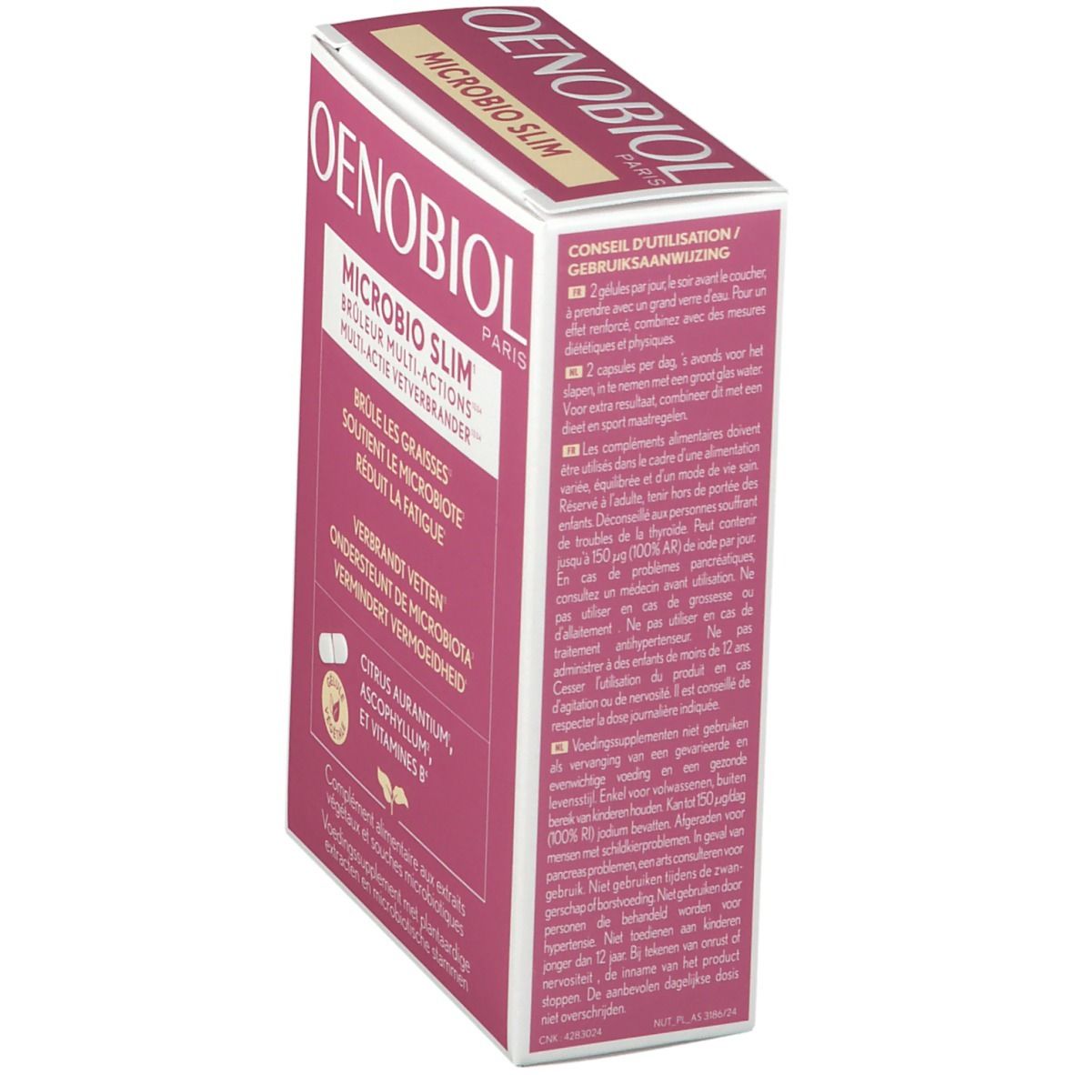 Oenobiol Microbio Slim doos. Roze-witte verpakking met productinfo en logo. Illustratie van een capsule.