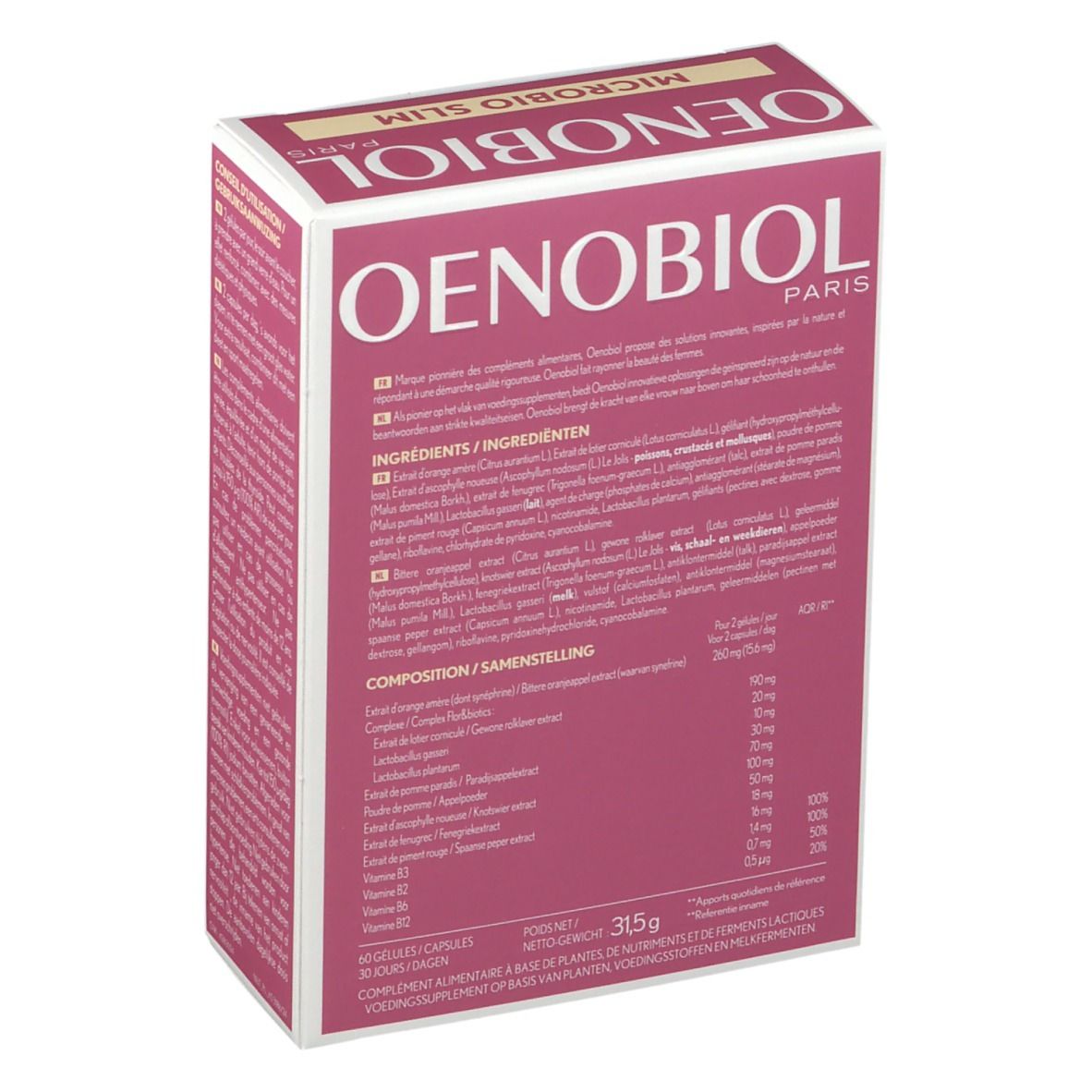 Oenobiol Microbio Slim doos. Roze-witte verpakking met productinfo en logo. Illustratie van een capsule.