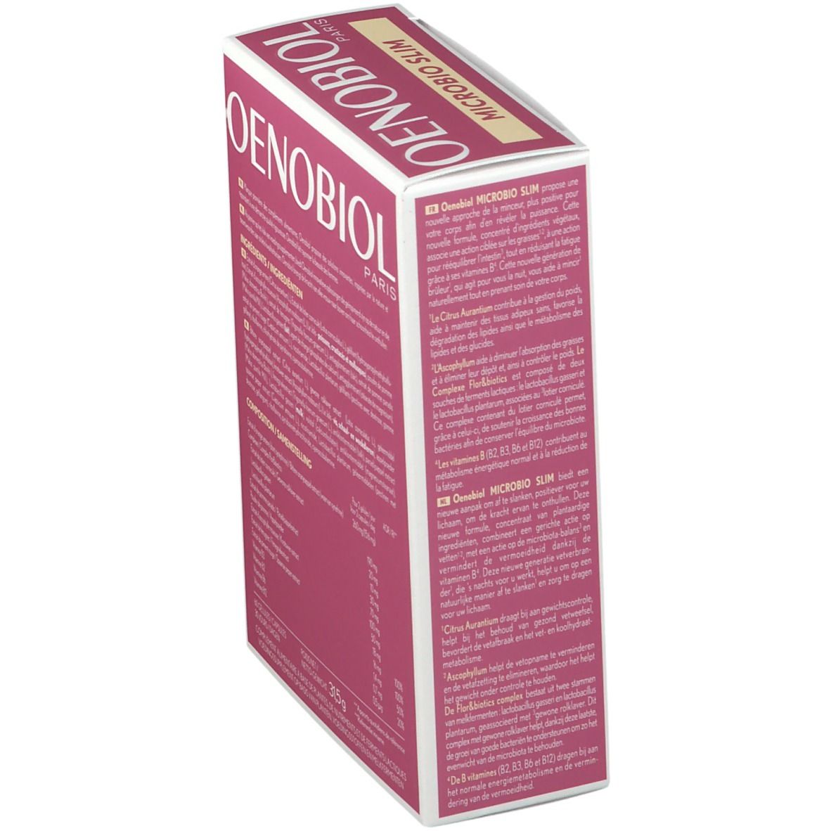 Oenobiol Microbio Slim doos. Roze-witte verpakking met productinfo en logo. Illustratie van een capsule.