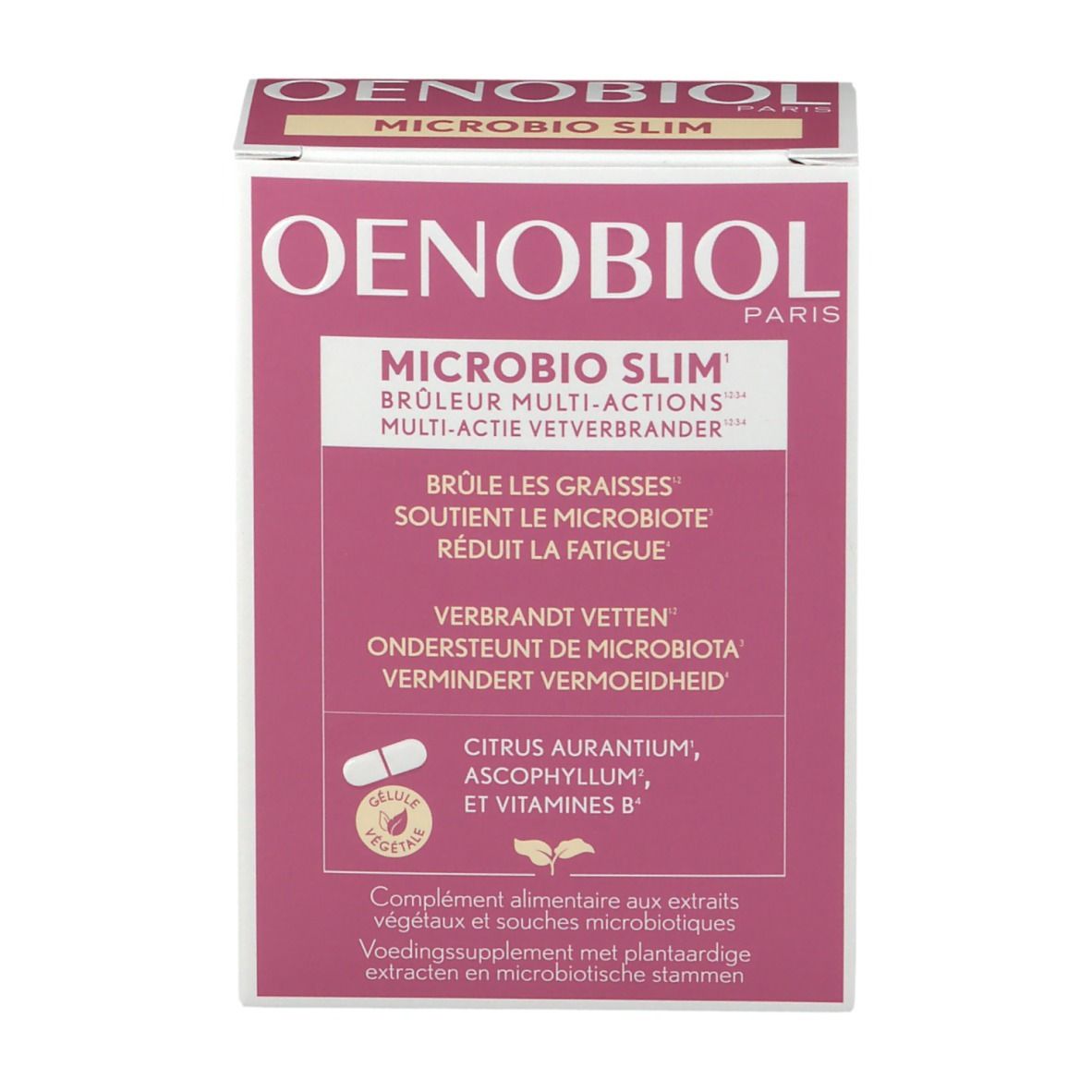Oenobiol Microbio Slim doos. Roze-witte verpakking met productinfo en logo. Illustratie van een capsule.