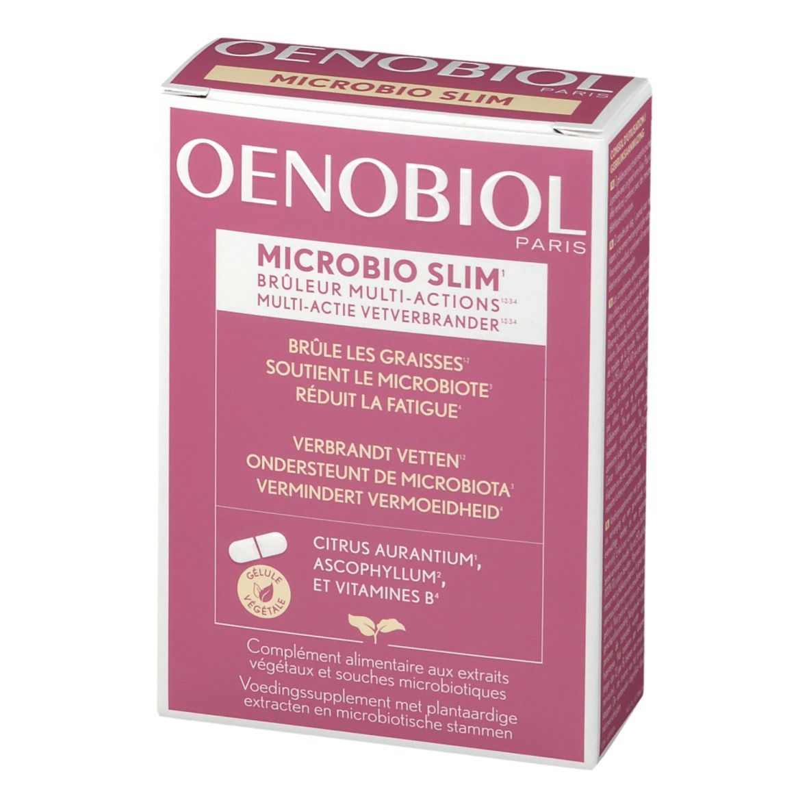 Oenobiol Microbio Slim doos. Roze-witte verpakking met productinfo en logo. Illustratie van een capsule.