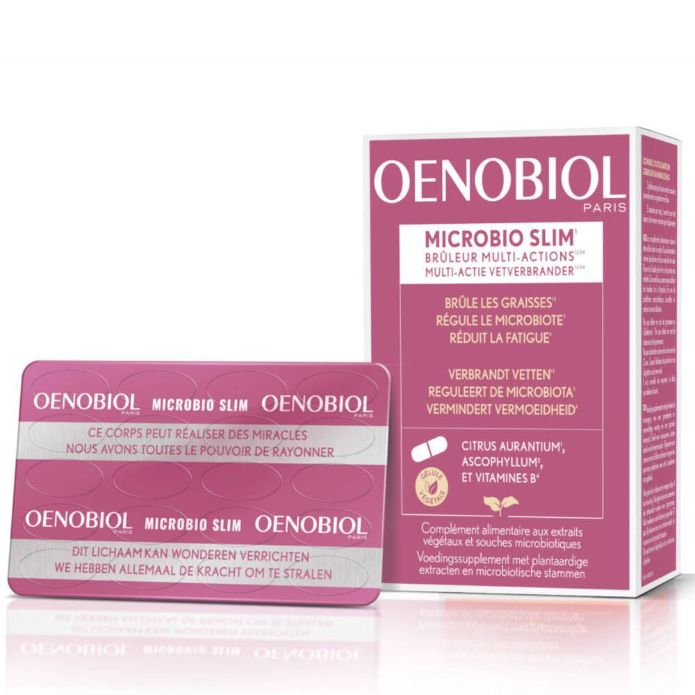 Oenobiol Microbio Slim doos en blister. Roze-witte verpakking en blister met capsules. Productinformatie.