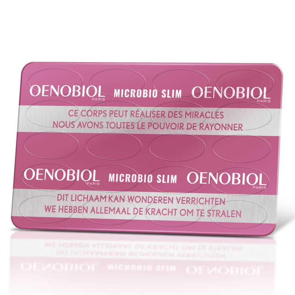 Blister Oenobiol Microbio Slim. Roze-witte blister met capsules. Tekst: Ce corps peut réaliser des miracles.