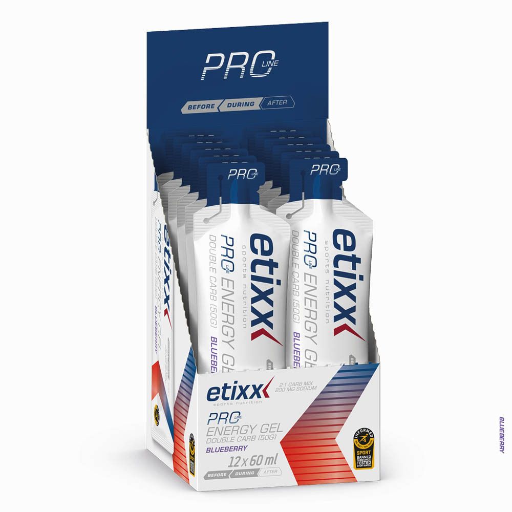 Display etixx PRO LINE Energy Gel, bosbes. 12 x 60ml. Enkele gels zichtbaar.