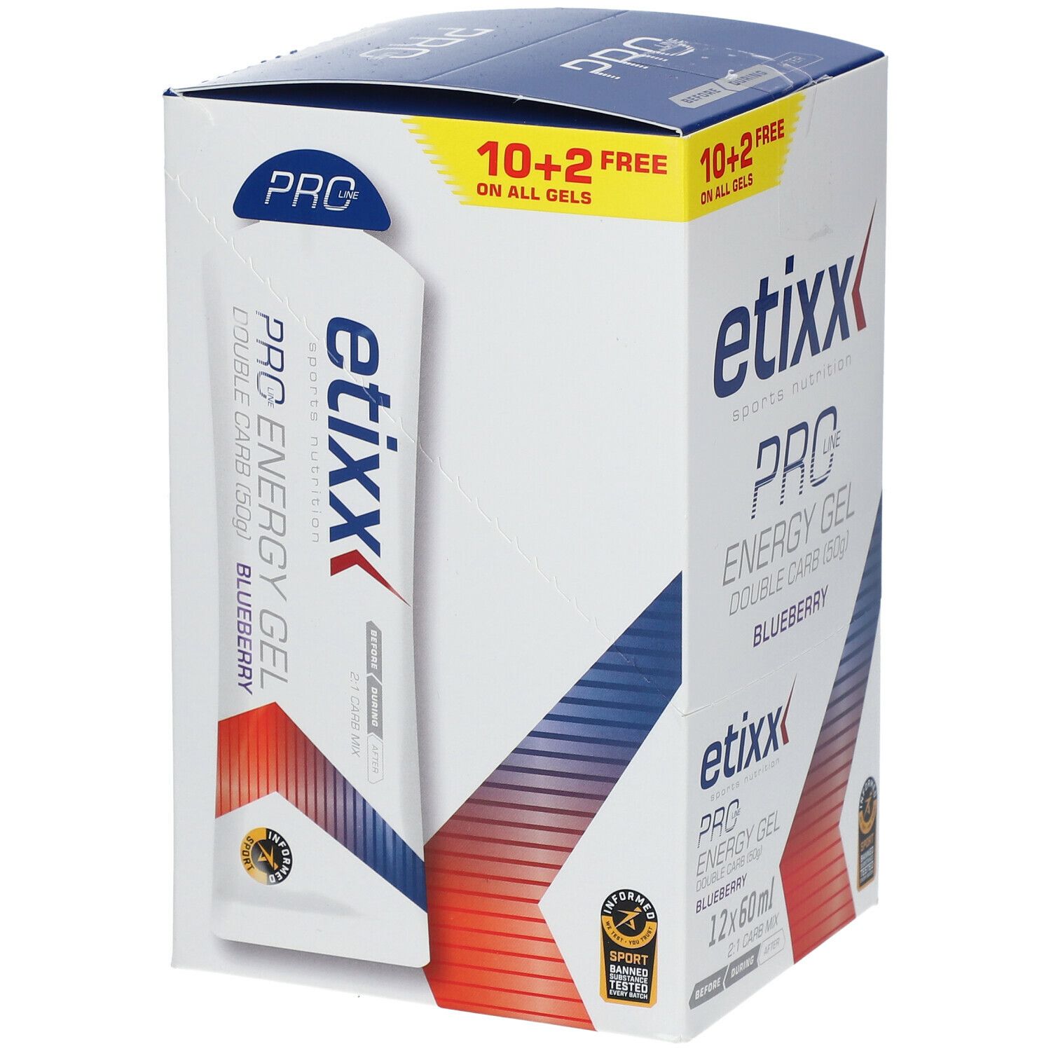 Verpackung mit etixx PRO LINE Energy Gel, Blaubeere. 12 x 60ml. Einzelnes Gel sichtbar.