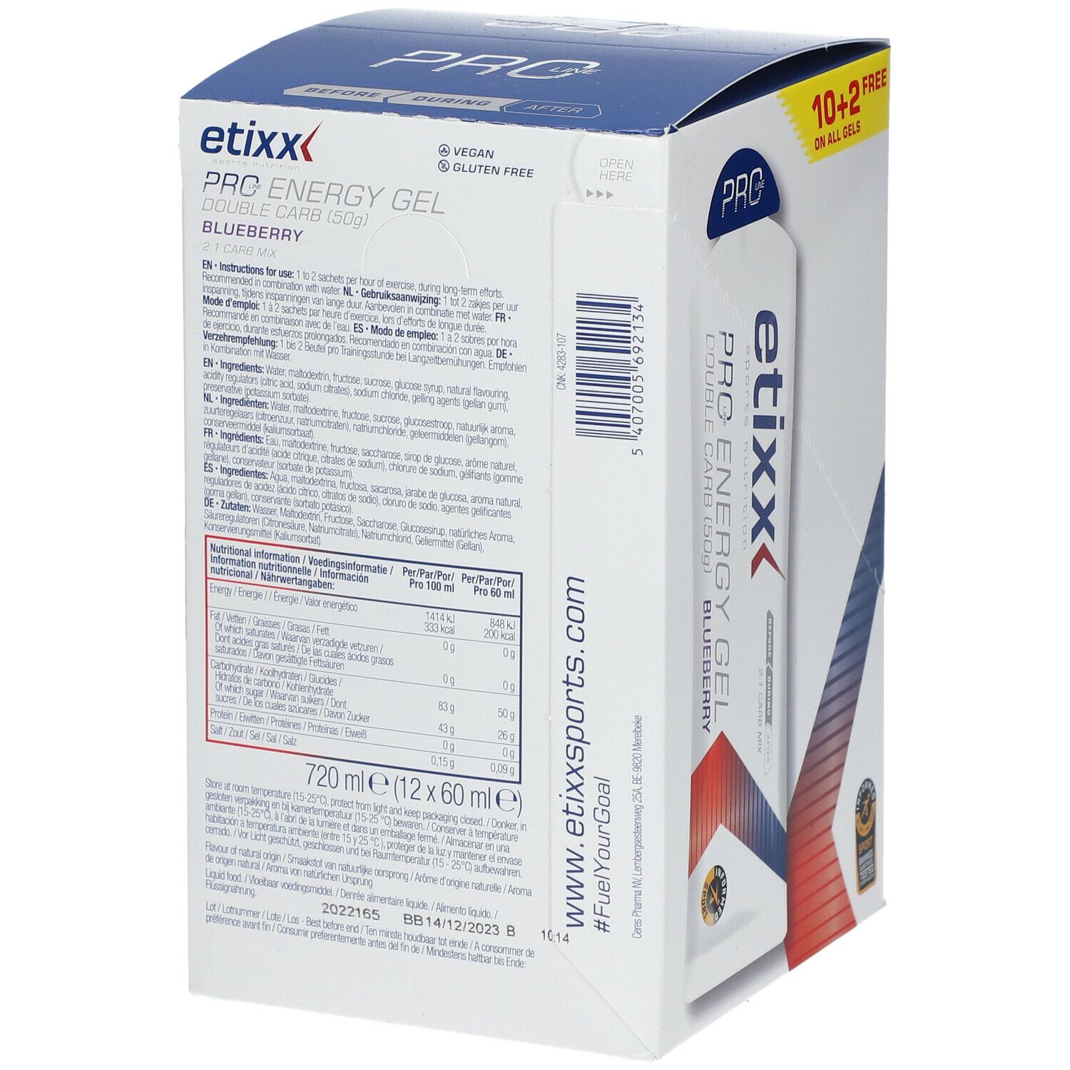 Rückseite der Verpackung mit etixx PRO LINE Energy Gel, Blaubeere. Nährwertangaben und Text.