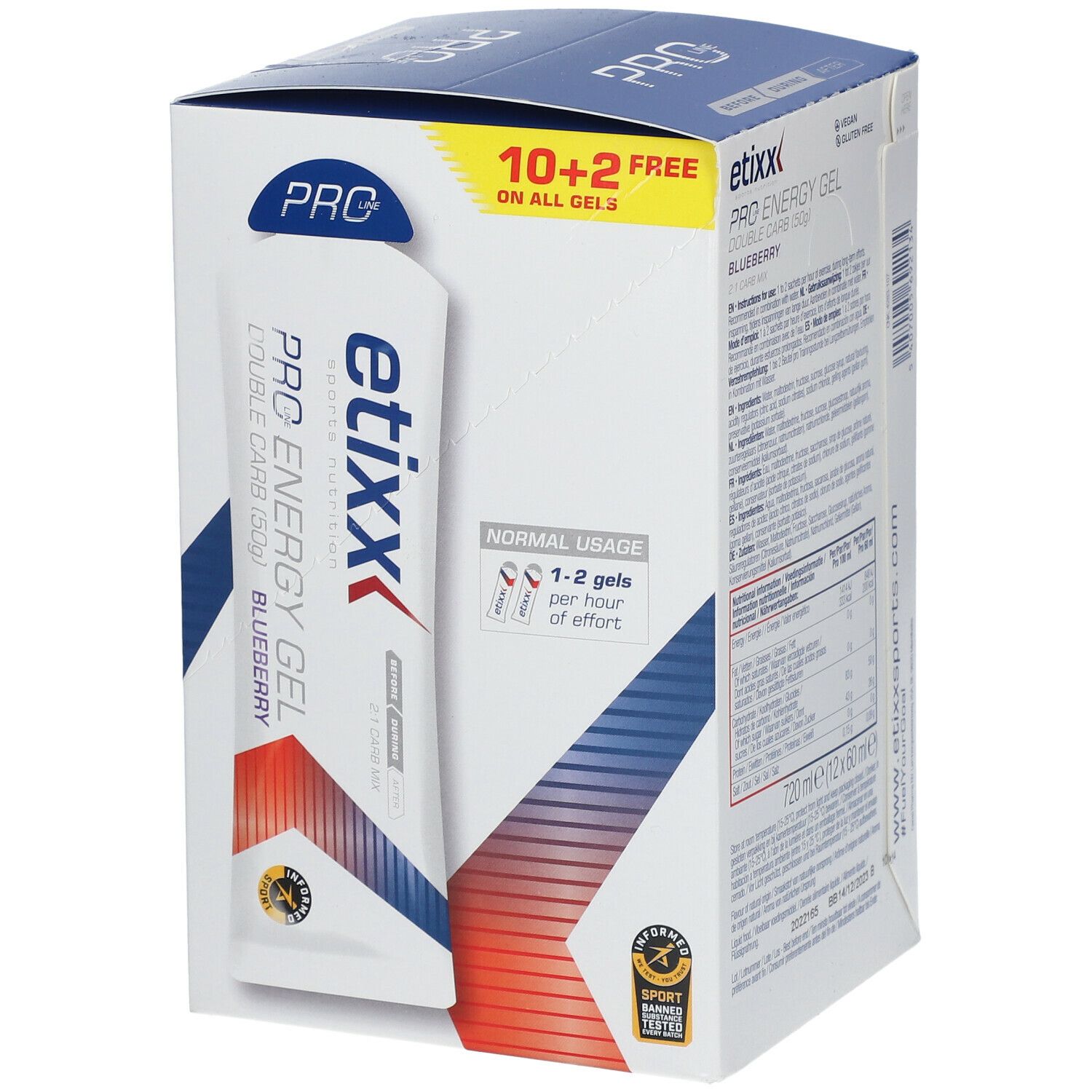 Verpackung mit etixx PRO LINE Energy Gel, Blaubeere. Text: 1-2 Gele pro Stunde.