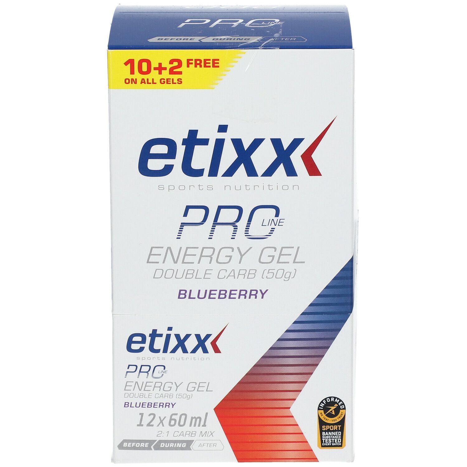 Verpackung mit etixx PRO LINE Energy Gel, Blaubeere. 12 x 60ml. Aufdruck: 10+2 gratis.