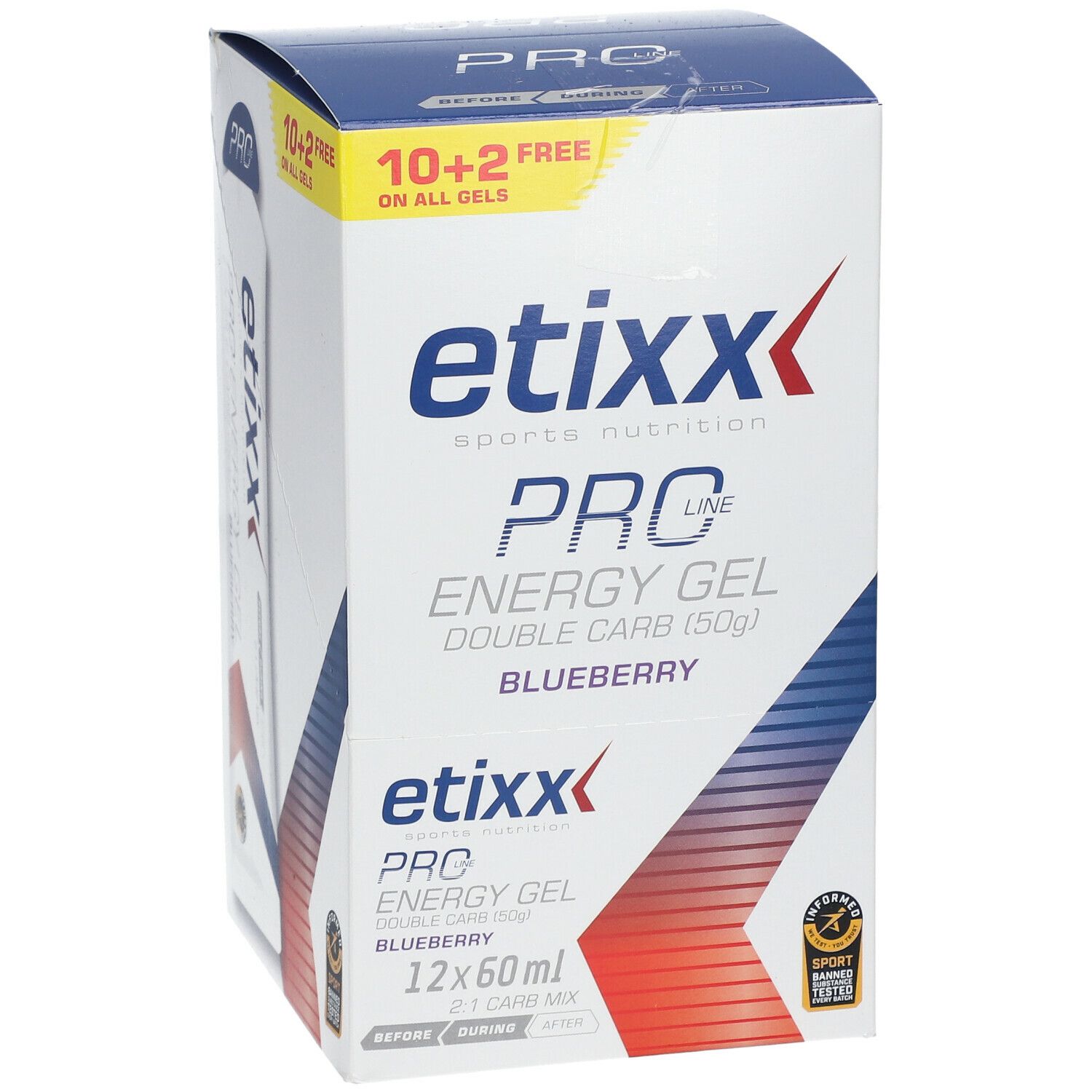 Verpackung mit etixx PRO LINE Energy Gel, Blaubeere. 12 x 60ml. Winkelansicht.