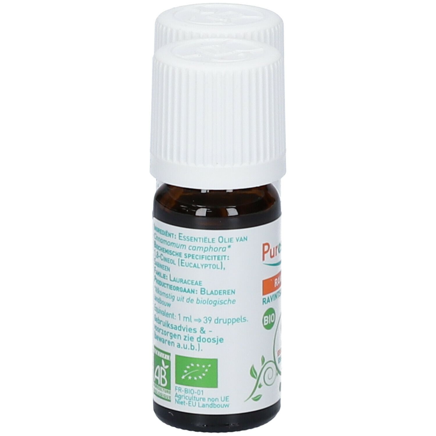 Bruine glazen fles met witte dop. Etiket met productinformatie en bio-keurmerk. Puressentiel Ravintsara.