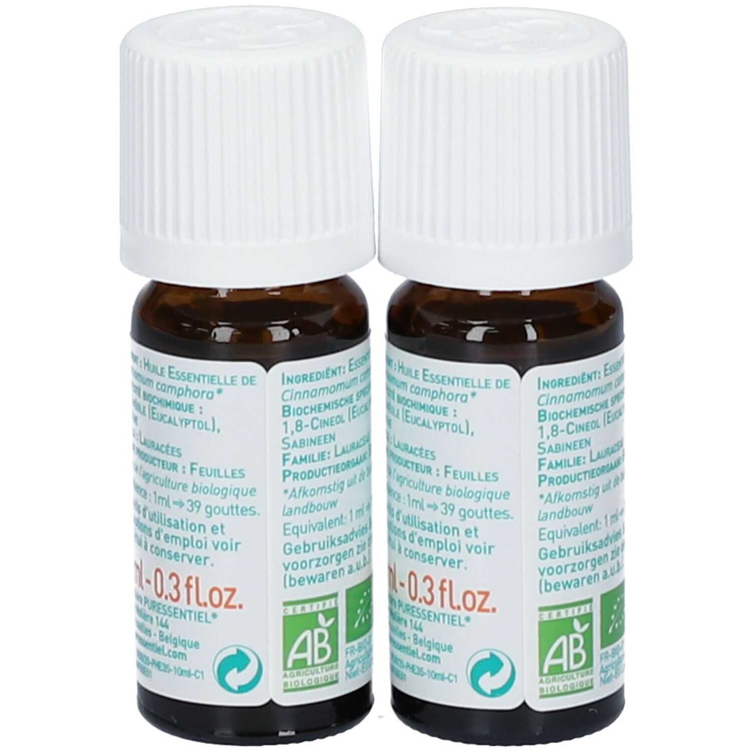Twee bruine glazen flessen met witte doppen. Etiketten met productinformatie. Puressentiel Ravintsara.