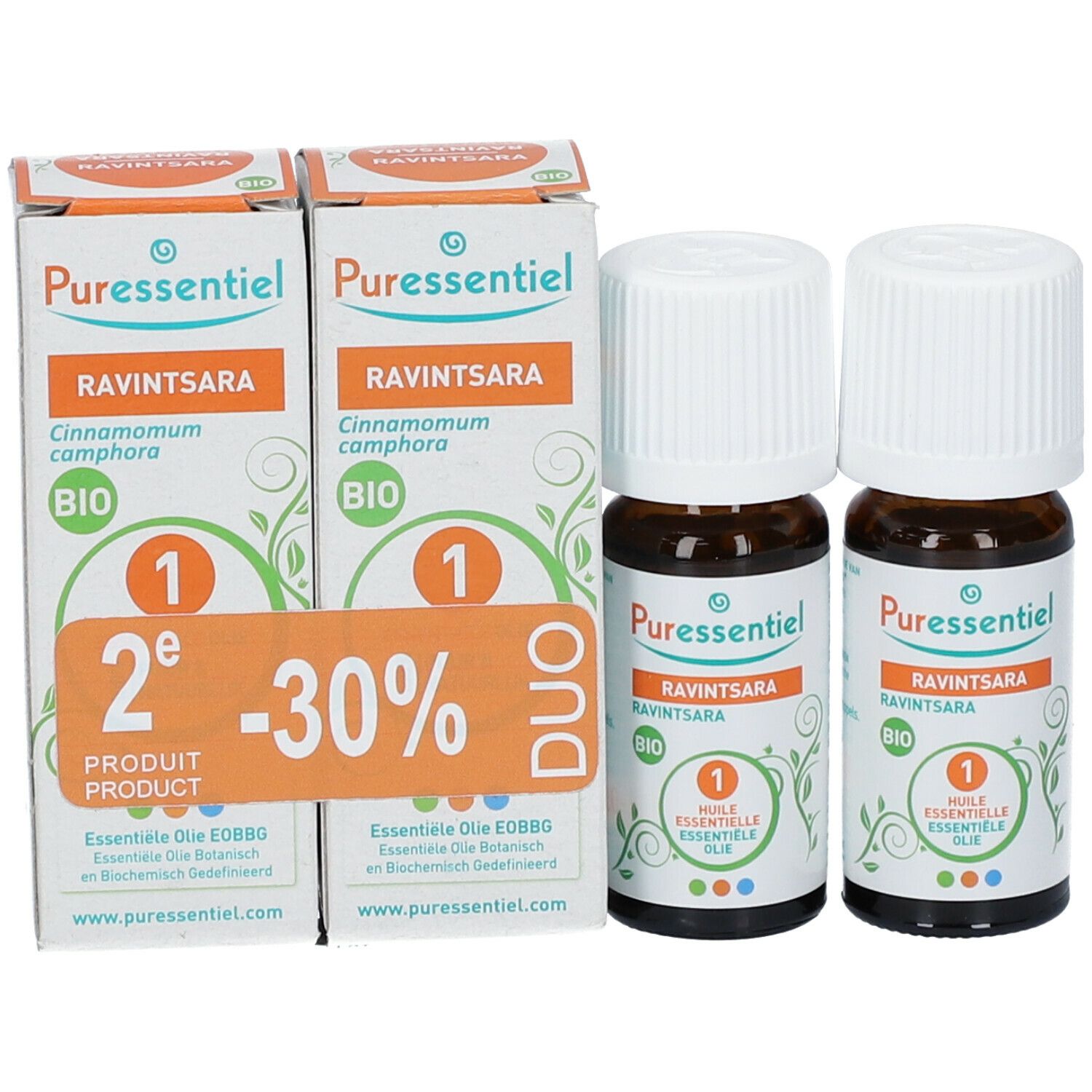 Twee flessen en twee dozen. Op de dozen staat 'DUO' en '2e product -30%'. Puressentiel Ravintsara.