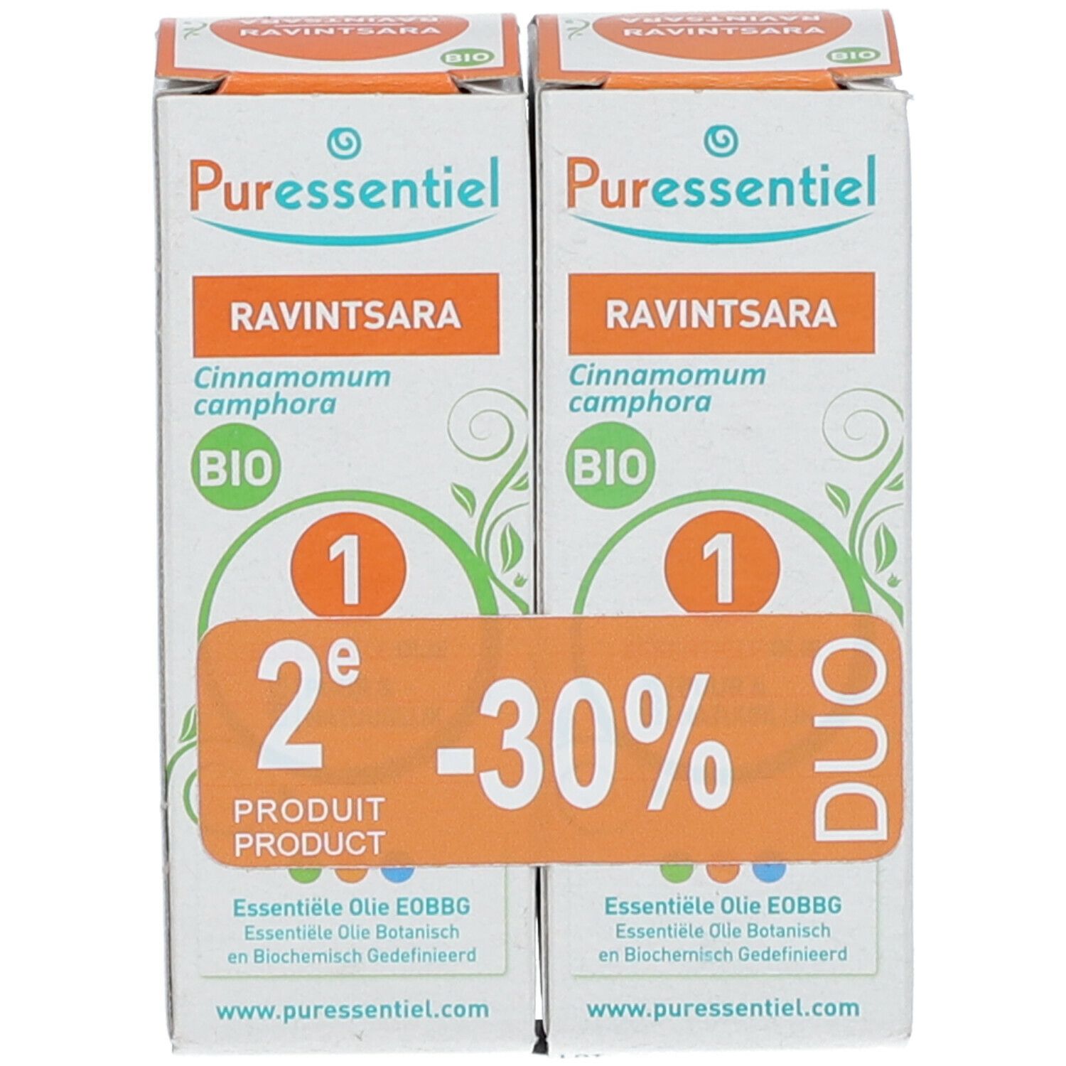 Twee productverpakkingen met productinformatie en 'DUO' en '2e product -30%'. Puressentiel Ravintsara.